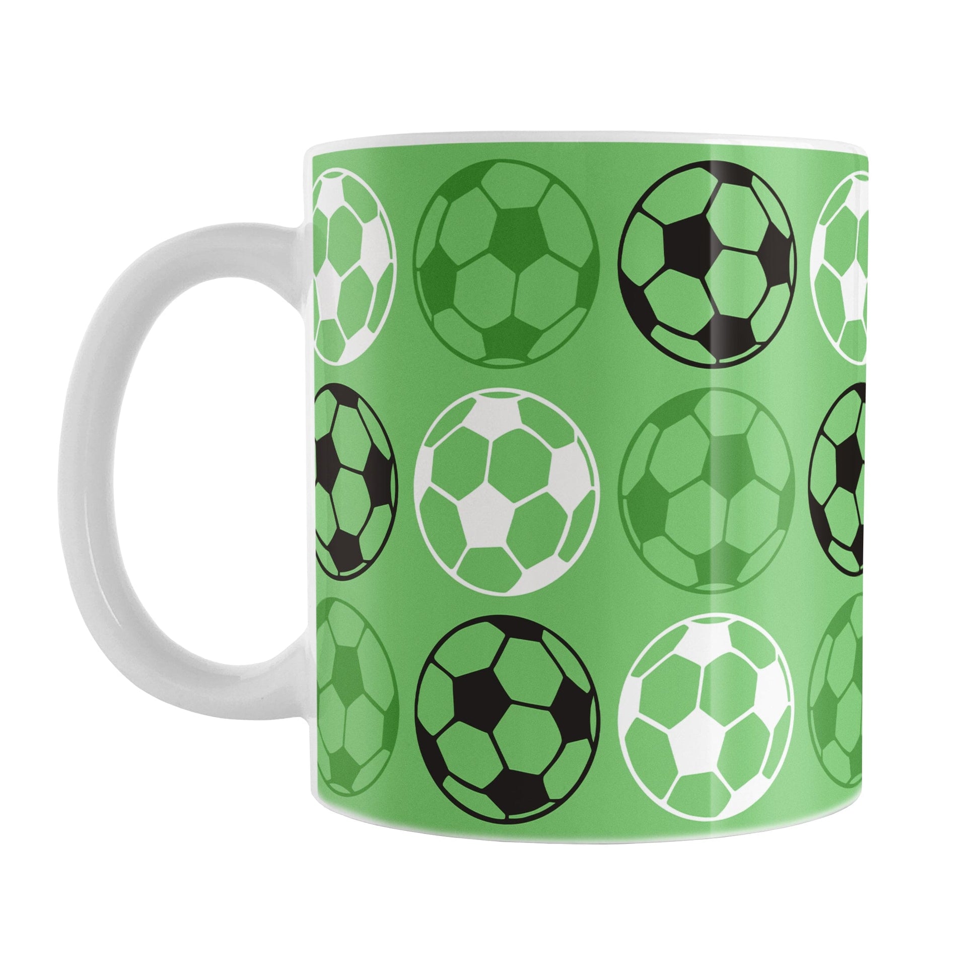 Alternating Green Soccer Balls Mug at Amy's Coffee Mugs