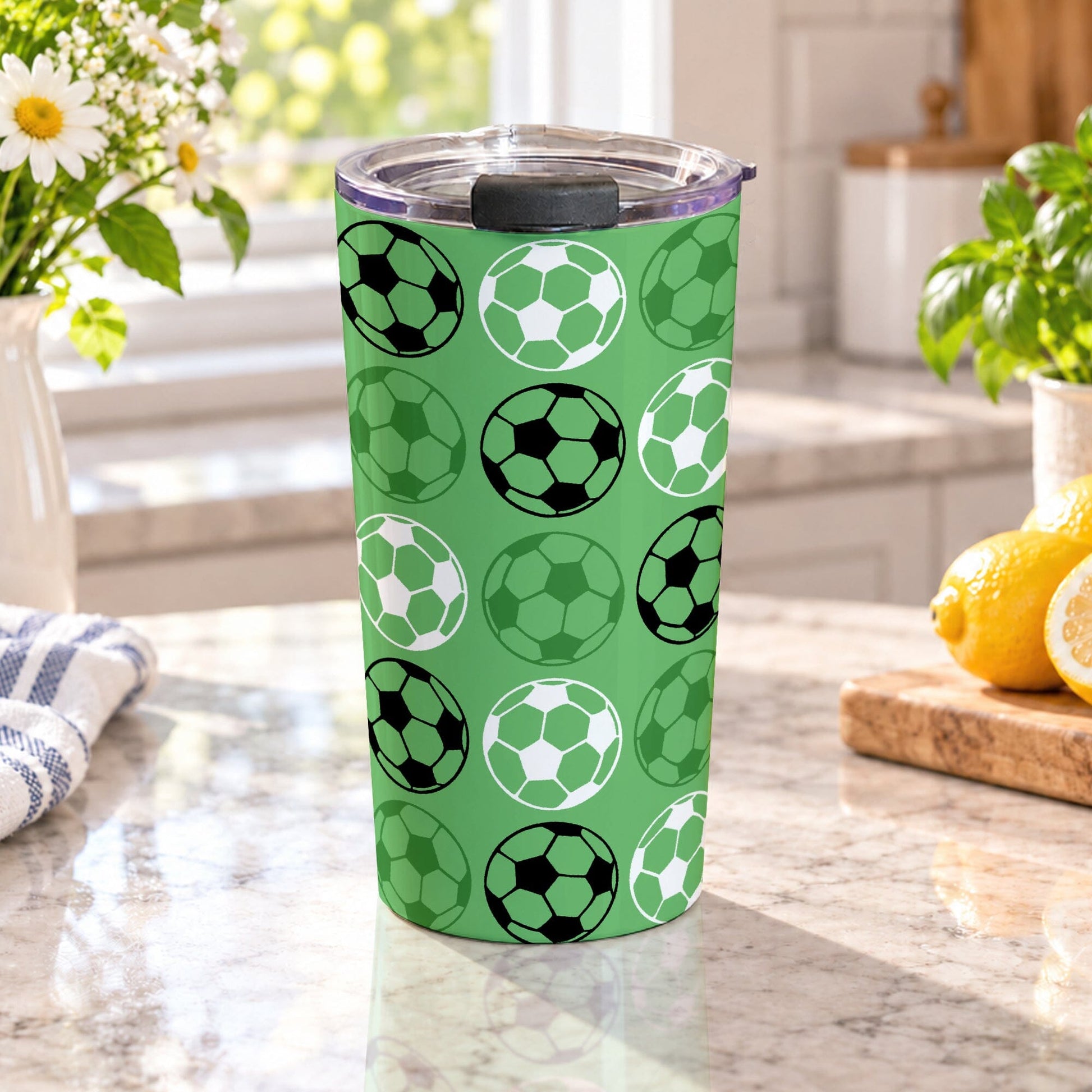 20 oz green soccer ball tumbler cup with black, white, and green soccer balls on a light green background, on a granite countertop in a bright kitchen with green plants, daisies, a tea towel, and lemons on a wooden cutting board.
