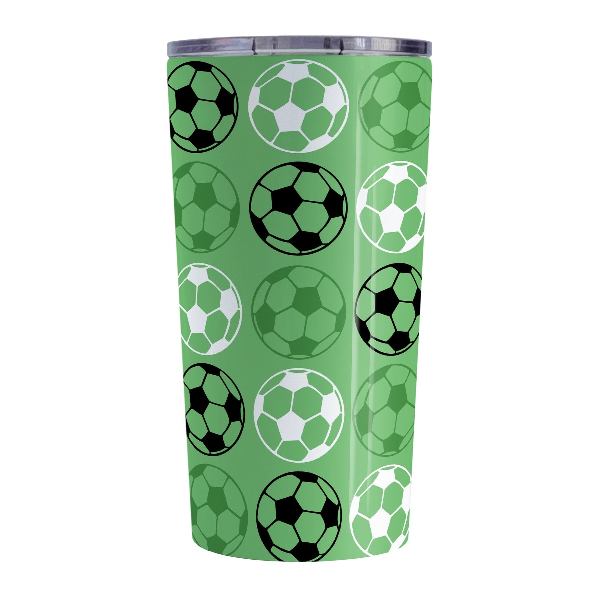 20oz Alternating Green Soccer Balls Tumbler Cup at Amy's Coffee Mugs