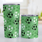 Alternating Green Soccer Balls Tumbler Cup at Amy's Coffee Mugs. Photo shows both sized cups next to each other