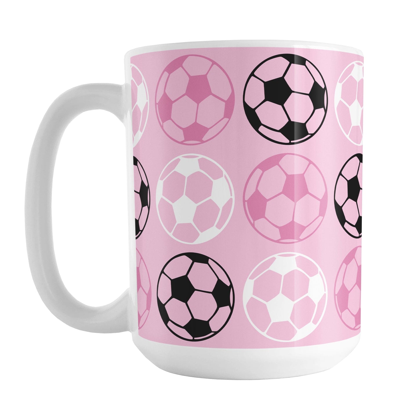 White 15oz mug with pink background and soccer ball pattern