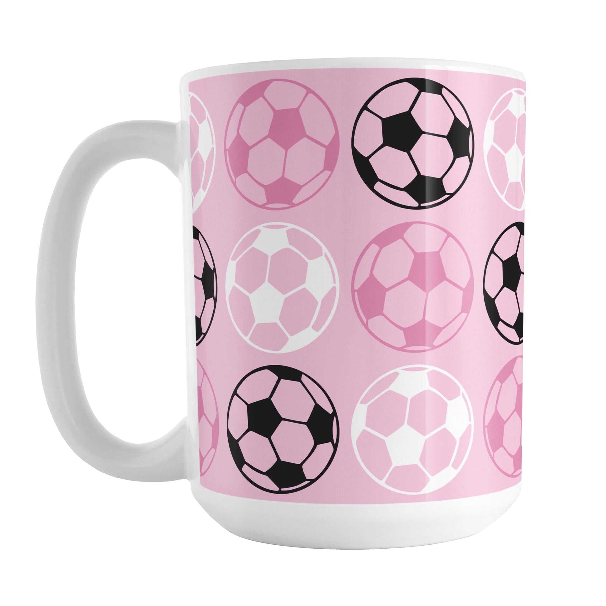 White 15oz mug with pink background and soccer ball pattern