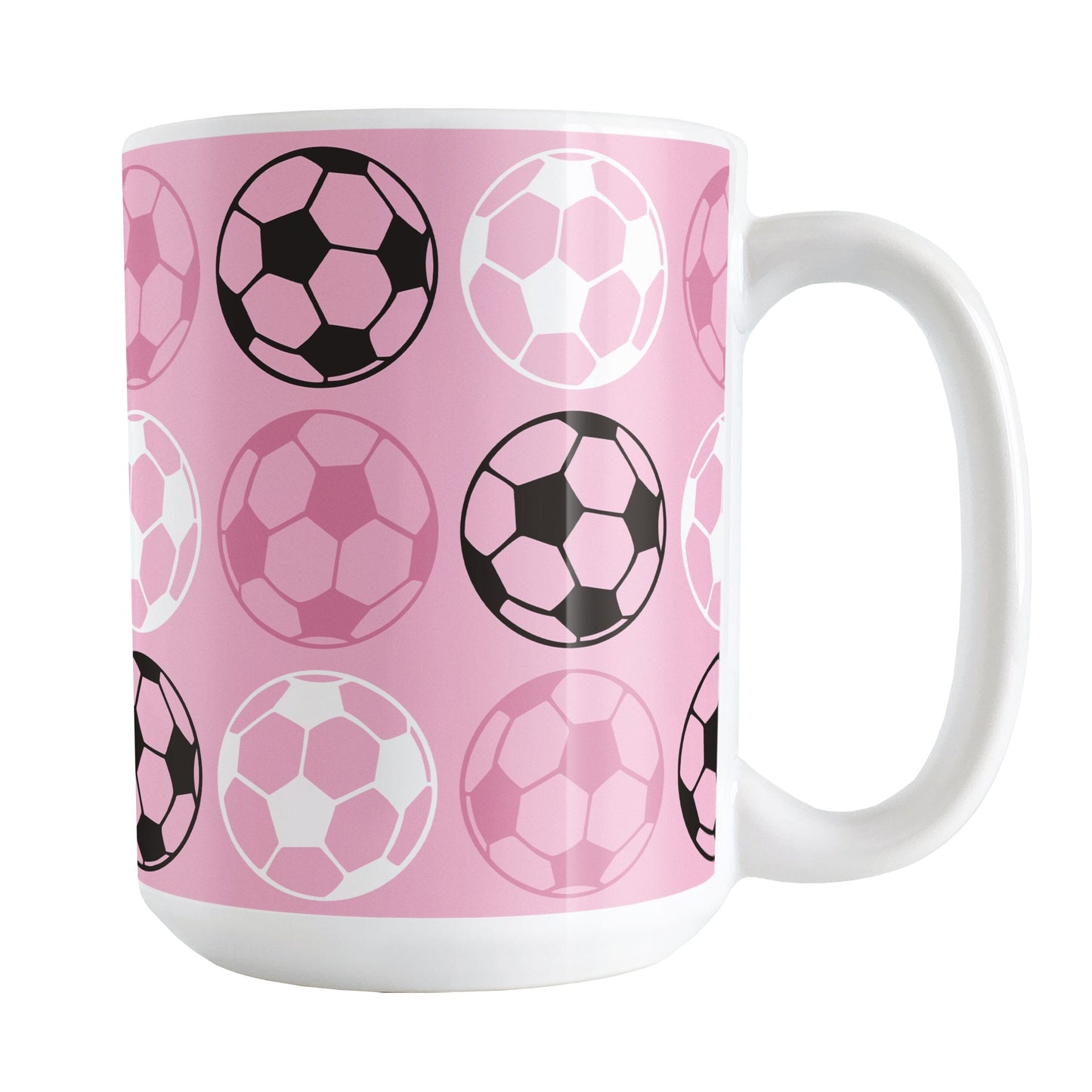 White 15oz mug with pink background and soccer ball pattern