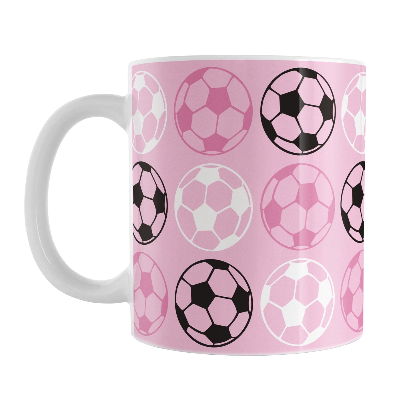 White 11oz mug with pink background and soccer ball pattern