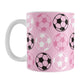White 11oz mug with pink background and soccer ball pattern