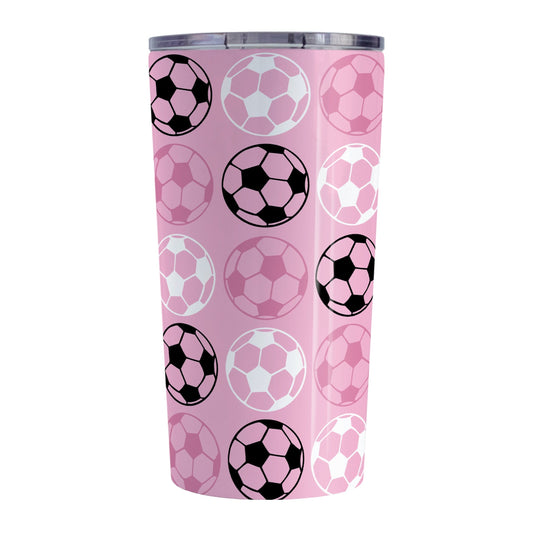 20oz Alternating Pink Soccer Balls Tumbler Cup at Amy's Coffee Mugs