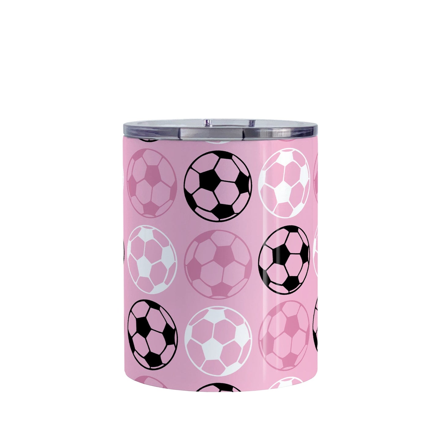 10oz Alternating Pink Soccer Balls Tumbler Cup at Amy's Coffee Mugs