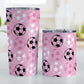 Alternating Pink Soccer Balls Tumbler Cup at Amy's Coffee Mugs. Photo shows both sized cups next to each other.