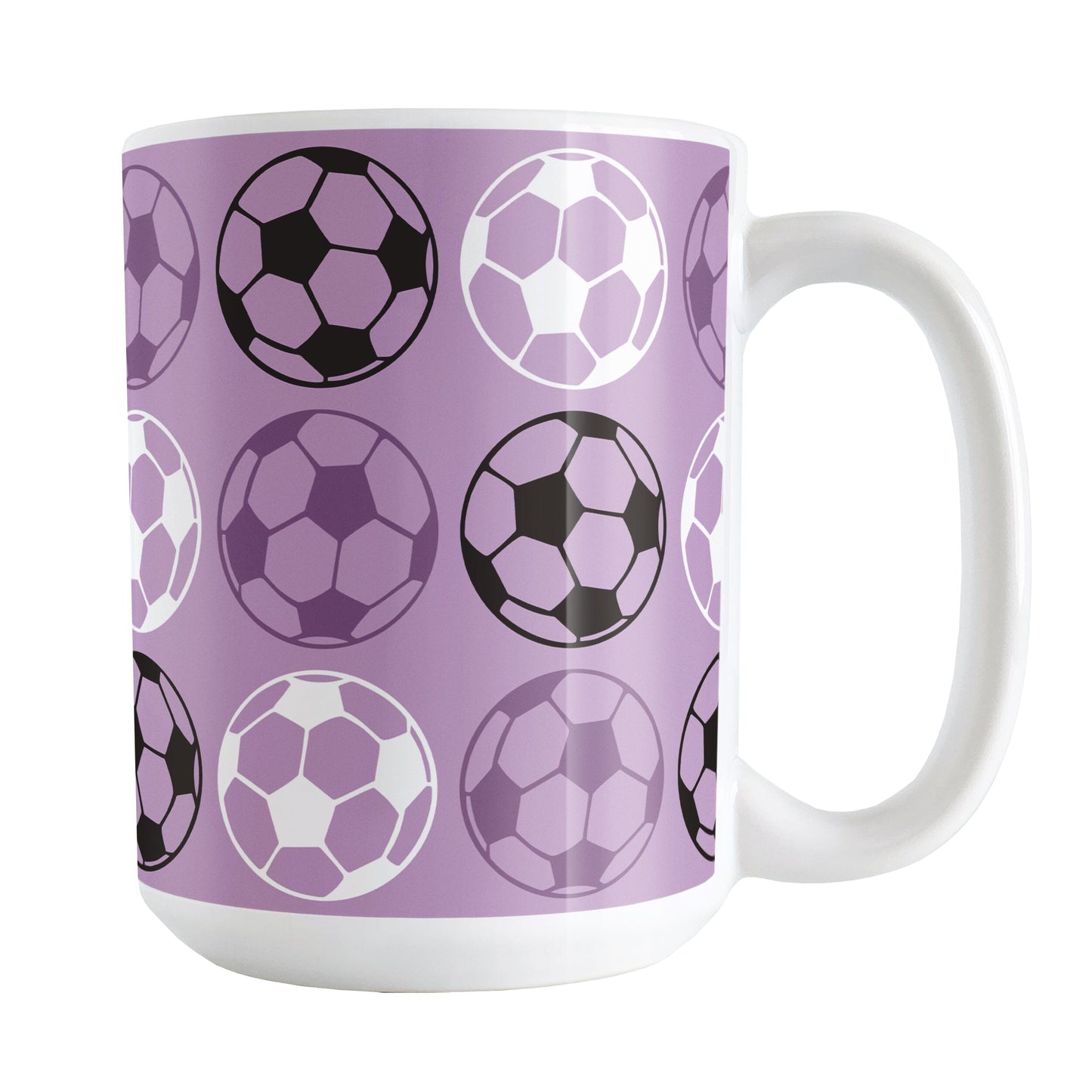 A 15oz white mug with a purple soccer ball pattern, over a white background
