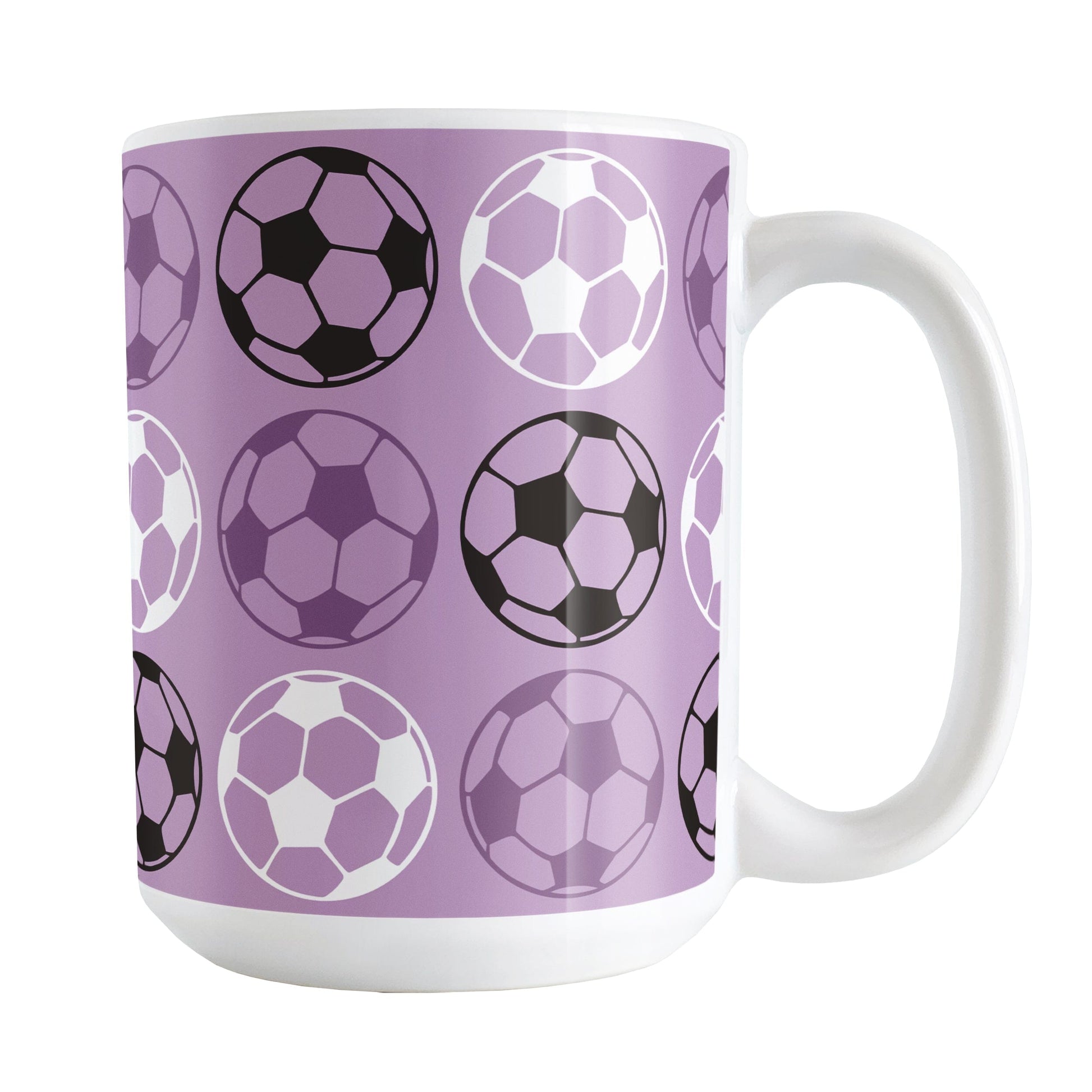 A 15oz white mug with a purple soccer ball pattern, over a white background