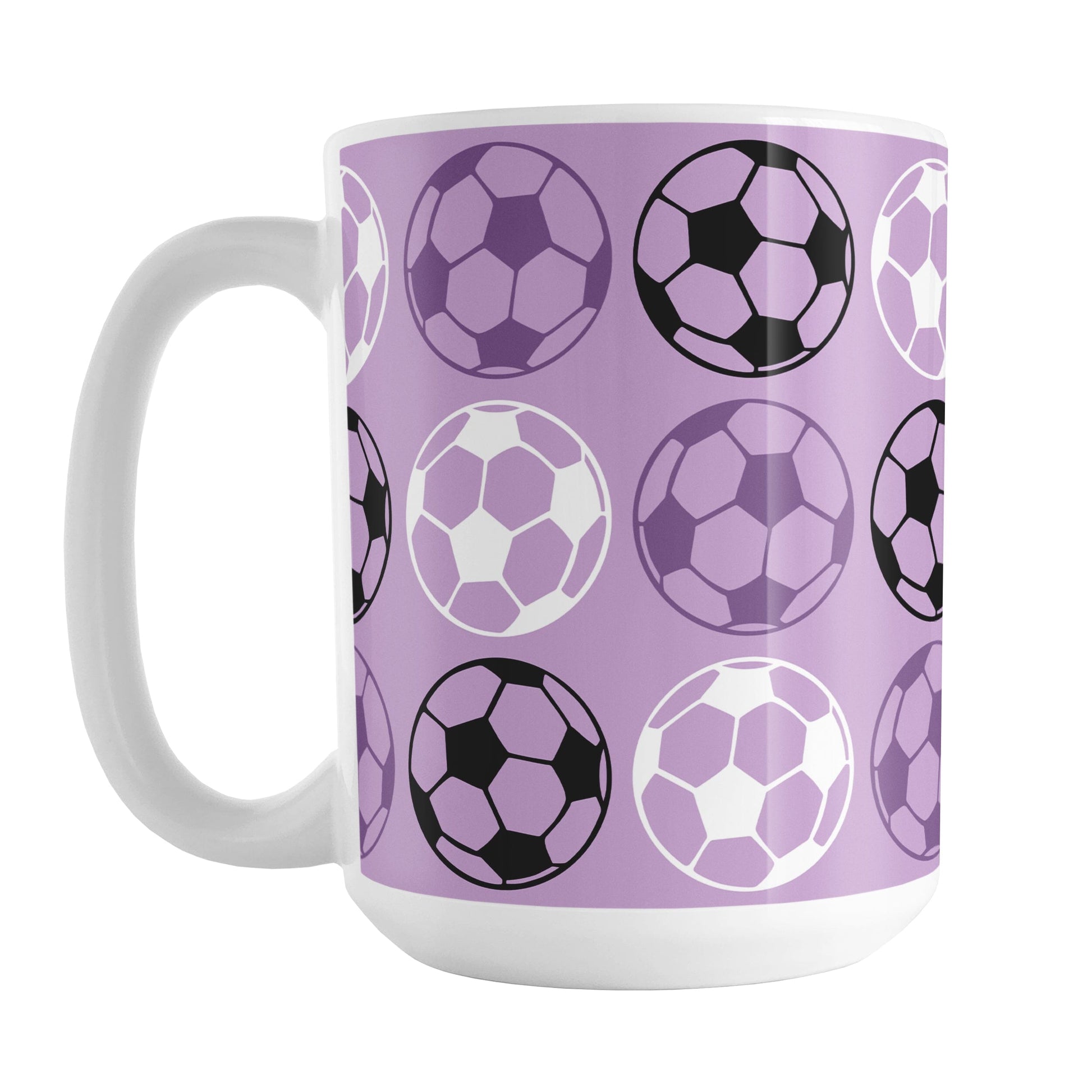 A 15oz white mug with a purple soccer ball pattern, over a white background