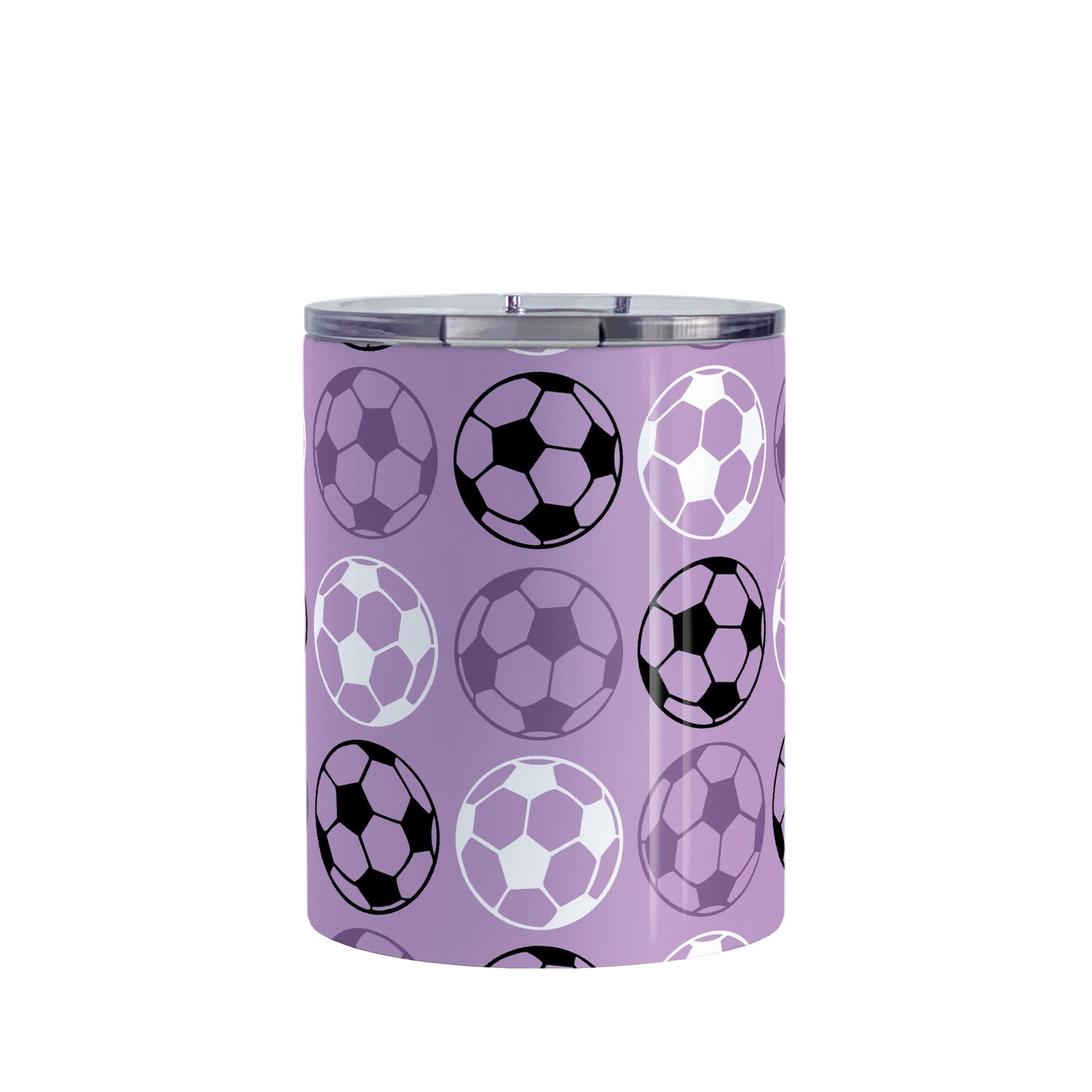 10oz Alternating Purple Soccer Balls Tumbler Cup at Amy's Coffee Mugs