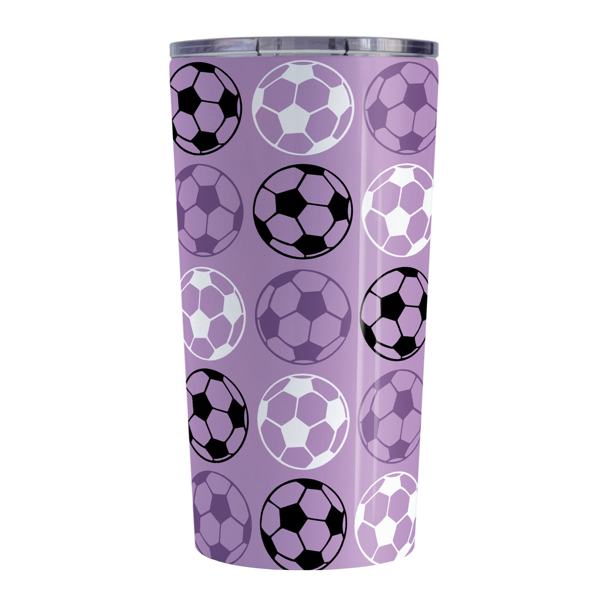 20oz Alternating Purple Soccer Balls Tumbler Cup at Amy's Coffee Mugs