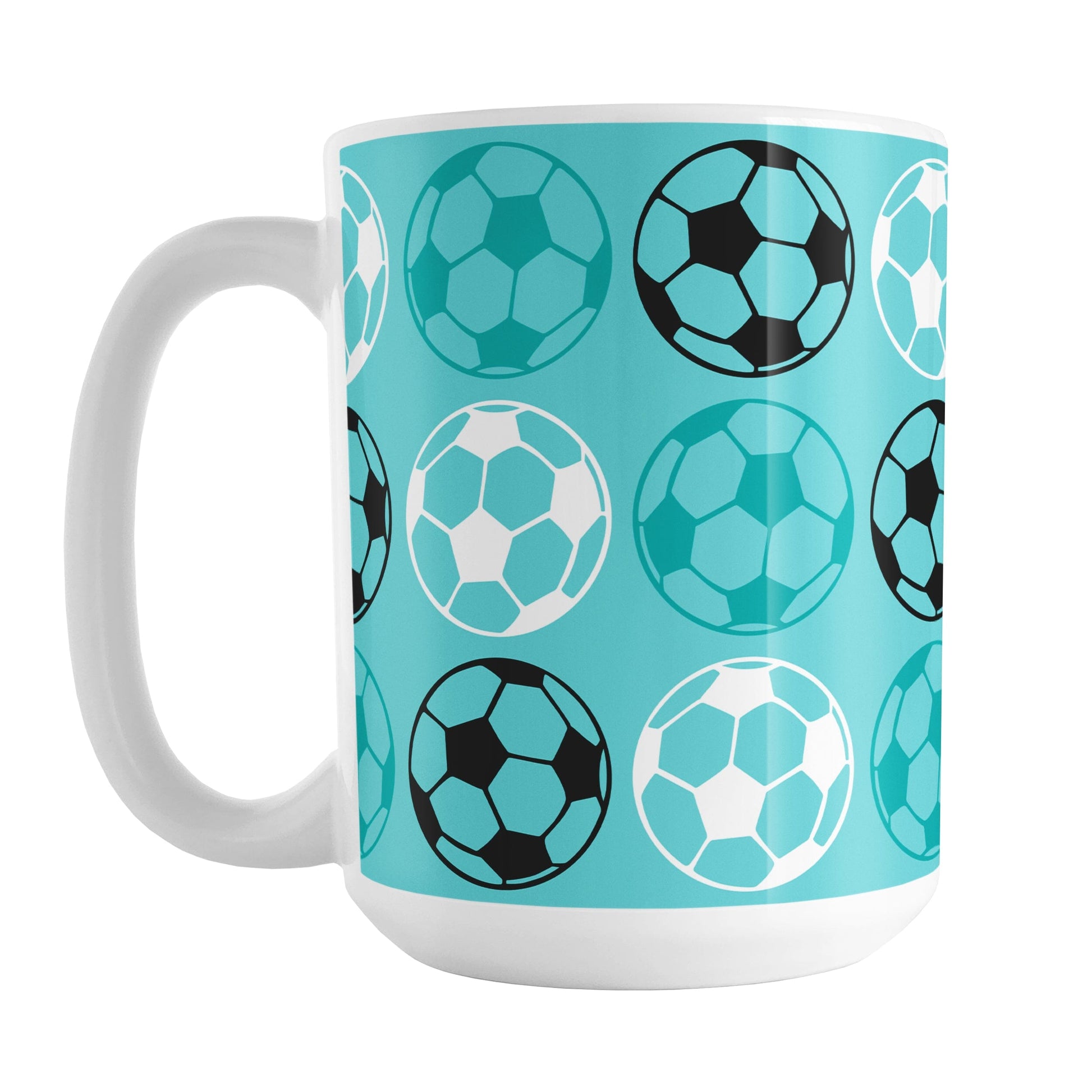 15oz white mug with a light teal soccer ball pattern, over a white background