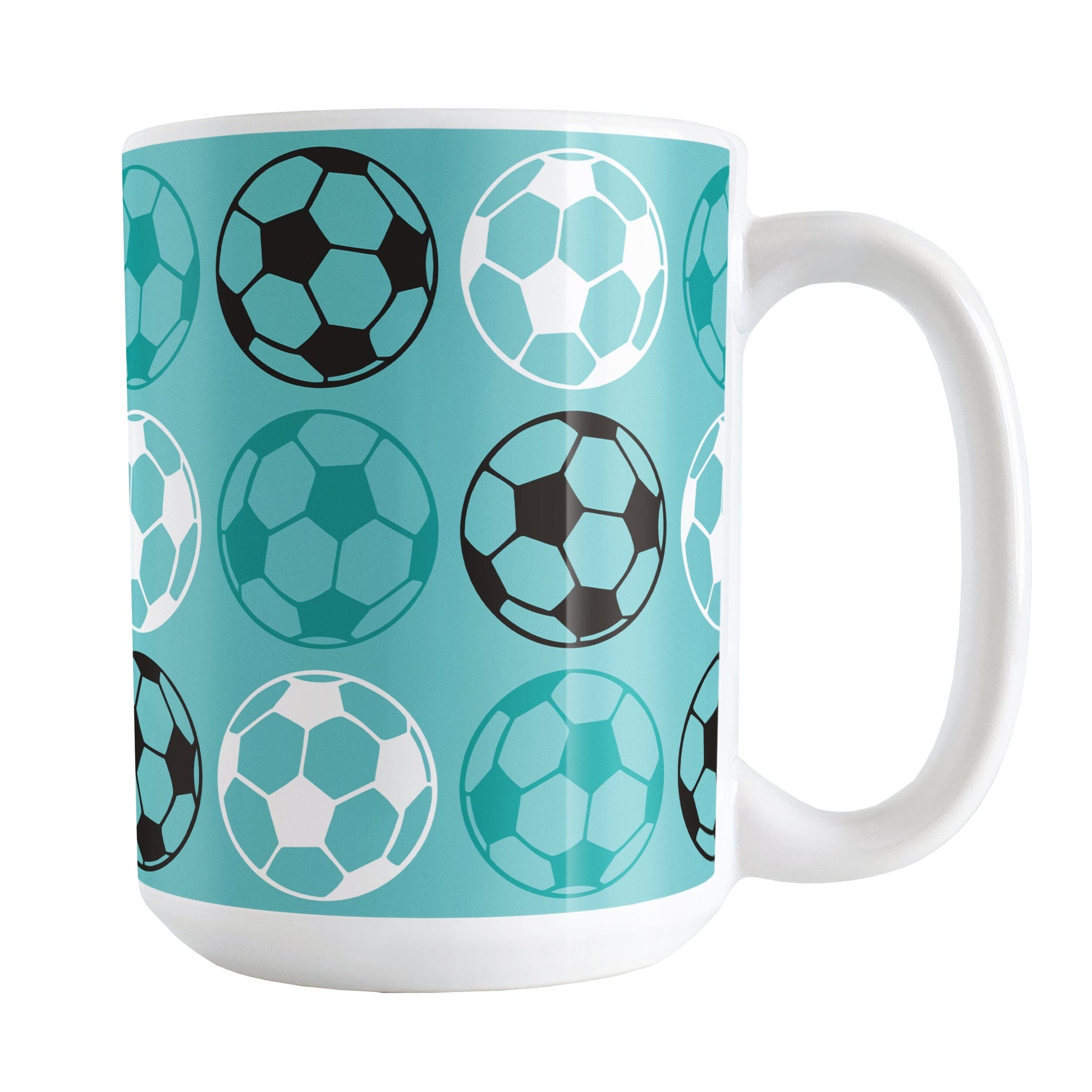 15oz white mug with a light teal soccer ball pattern, over a white background