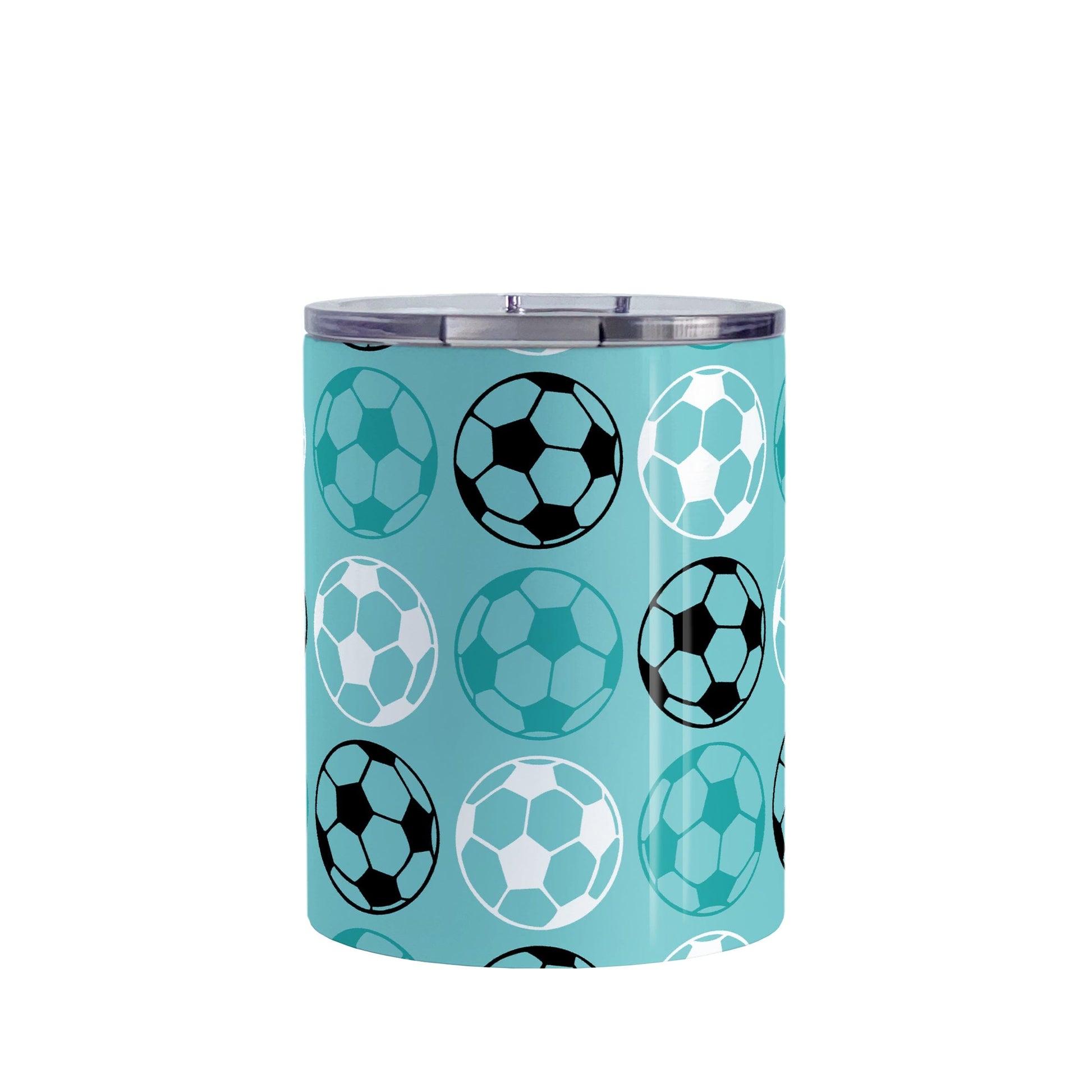 10oz Alternating Teal Soccer Balls Tumbler Cup at Amy's Coffee Mugs