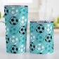 Alternating Teal Soccer Balls Tumbler Cup at Amy's Coffee Mugs. Photo shows both sized cups next to each other.