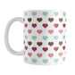 Berry Blue Summer Hearts Mug (11oz) at Amy's Coffee Mugs. A ceramic coffee mug designed with a polka-dotted pattern of hearts in a gorgeous summer color combination of berry pink hues, aqua blue, and brown over white. It makes an adorable gift for Valentine's Day as well with its unique and sweet color palette. 