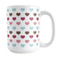 Berry Blue Summer Hearts Mug (15oz) at Amy's Coffee Mugs. A ceramic coffee mug designed with a polka-dotted pattern of hearts in a gorgeous summer color combination of berry pink hues, aqua blue, and brown over white. It makes an adorable gift for Valentine's Day as well with its unique and sweet color palette. 