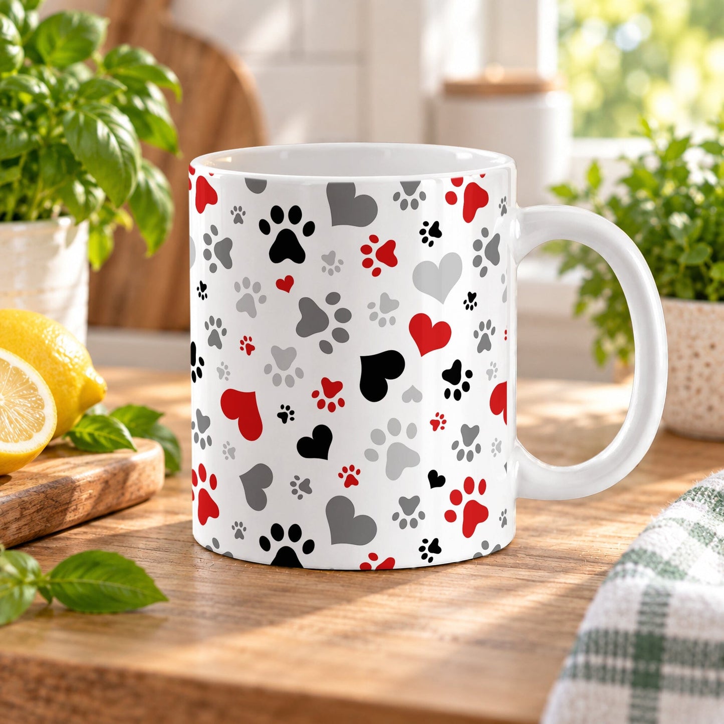 11 oz pet lover mug with red, black, and gray paw prints and hearts in assorted sizes across a white ceramic background, sitting on a wooden table in a kitchen with green plants and lemons on a cutting board.