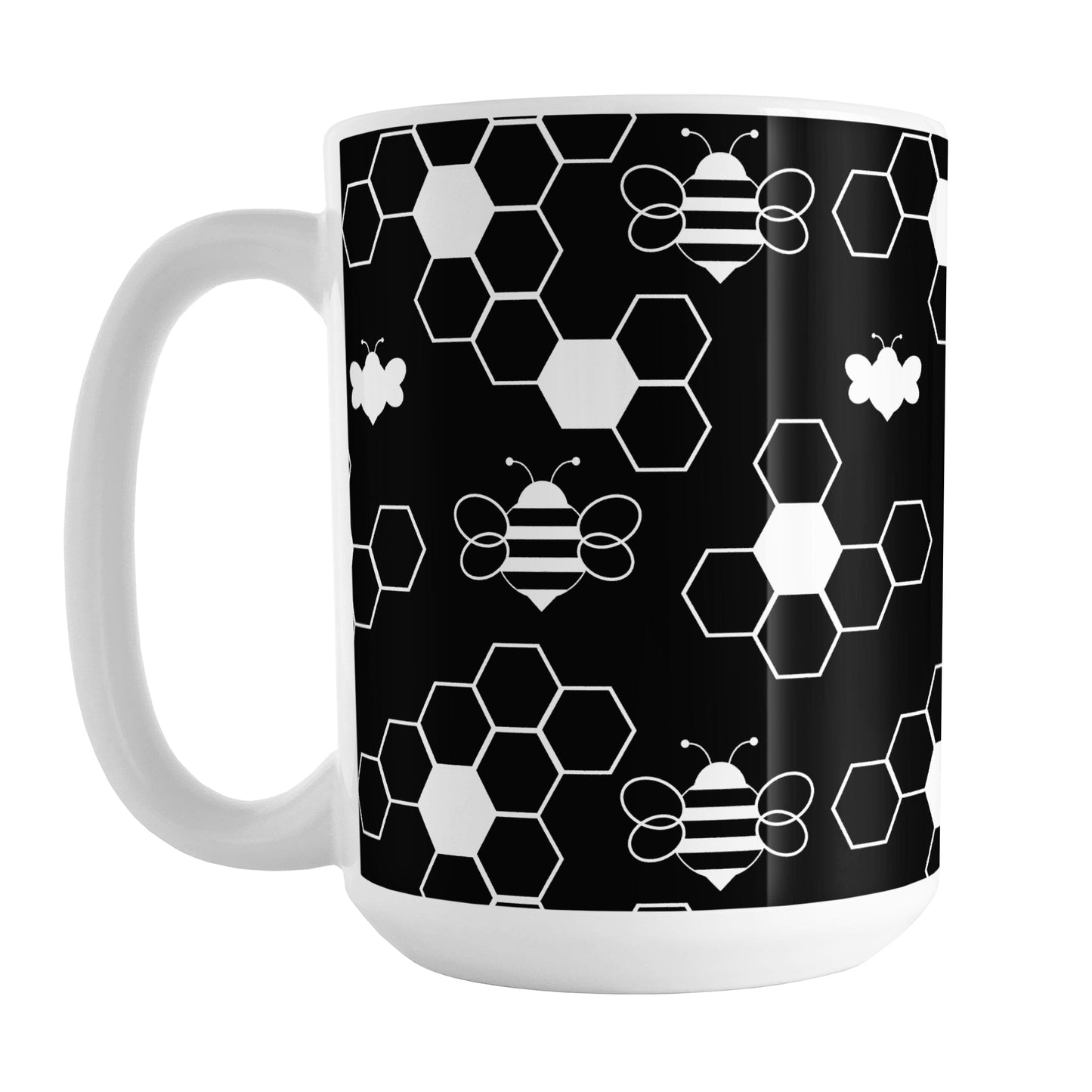 Black and White Bee Mug (15oz) at Amy's Coffee Mugs. A ceramic coffee mug designed with white line and silhouette bees and honeycomb in a sleek pattern over a black background color that wraps around the mug up to the handle.