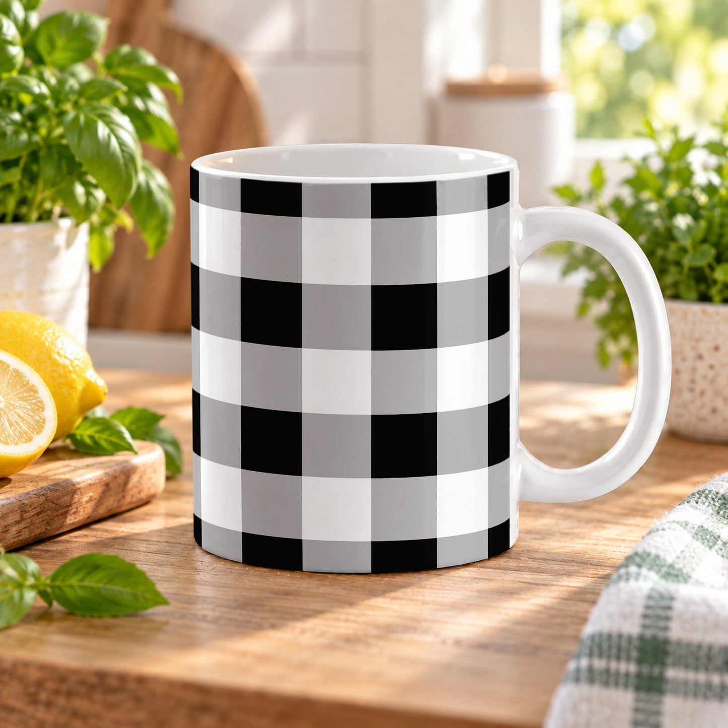 11 oz Black and White Buffalo Plaid Mug with a classic black and white buffalo check pattern wrapping around the ceramic coffee mug up to the handle, on a wooden tabletop in a bright kitchen with green plants, a plaid tea towel, and lemons on a wood cutting board.