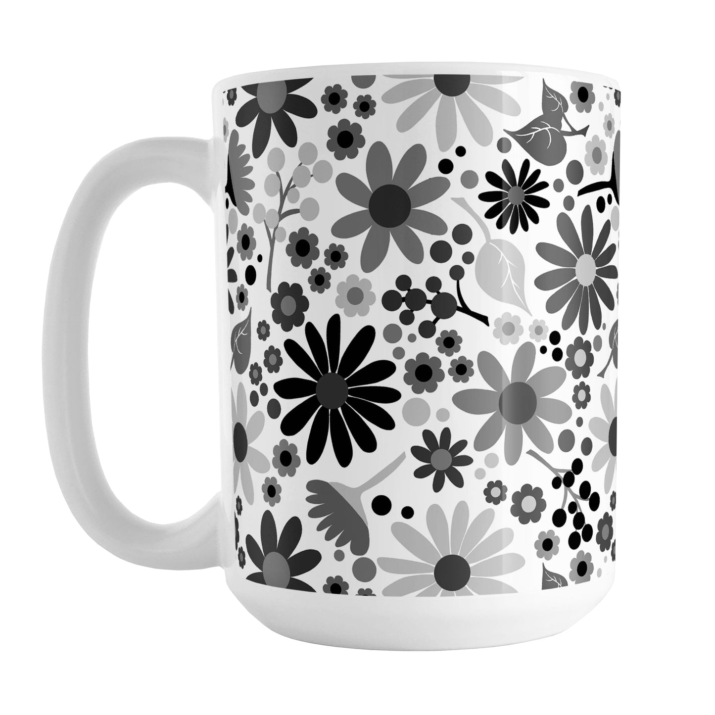 Black and White Flowers Mug (11oz) at Amy's Coffee Mugs. A ceramic coffee mug designed with pretty floral wildflowers in a stylish black and white color palette, with black, gray, and white flowers and leaves in a pattern that wraps around the mug up to the handle.