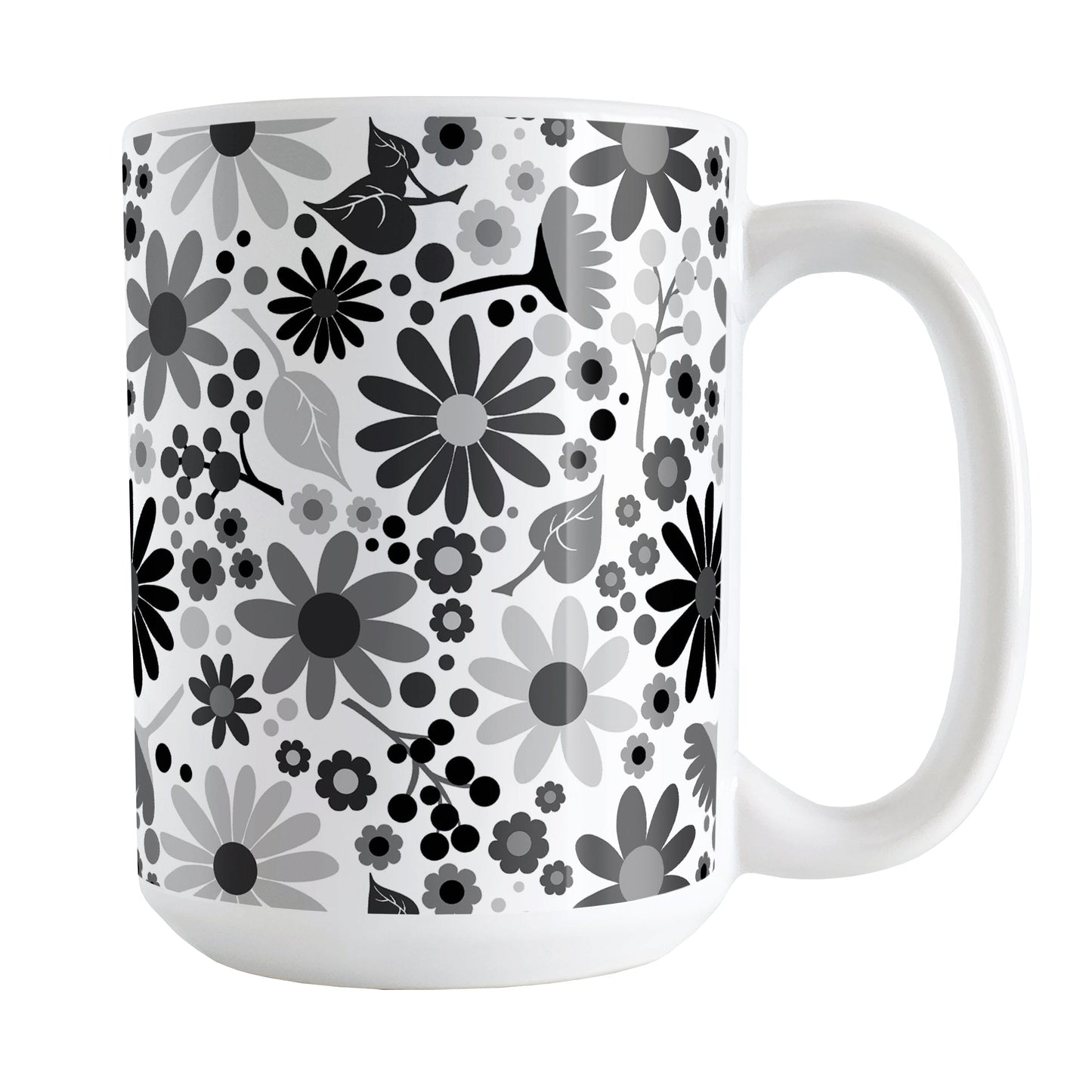 Black and White Flowers Mug (11oz) at Amy's Coffee Mugs. A ceramic coffee mug designed with pretty floral wildflowers in a stylish black and white color palette, with black, gray, and white flowers and leaves in a pattern that wraps around the mug up to the handle.