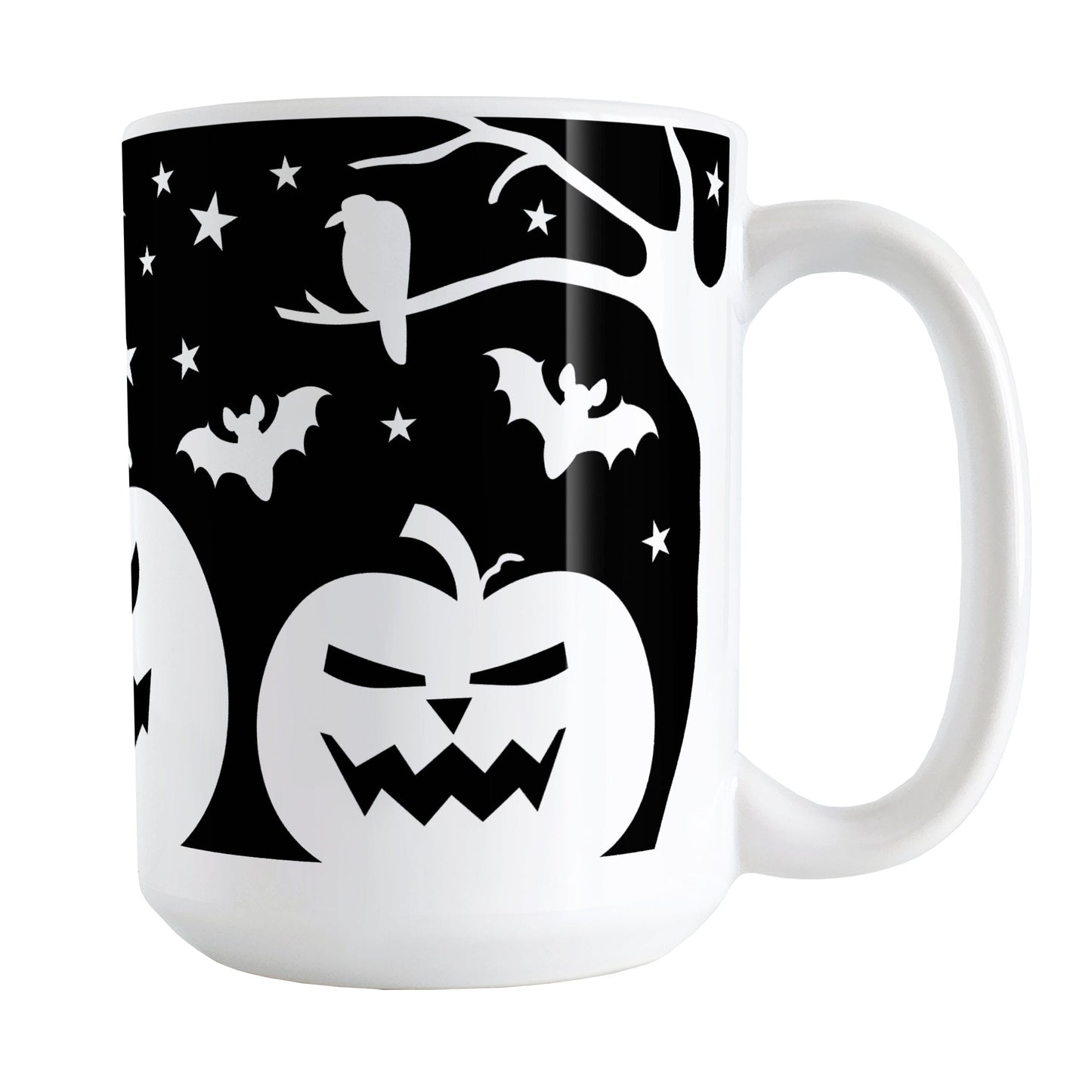 Black and White Halloween Mug (15oz) at Amy's Coffee Mugs. A ceramic coffee mug designed with white silhouette pumpkin jack o'lanterns, bats, stars and a raven in each leafless tree along each side of the design in a spooky scene over a black background that wraps around the mug up to the handle.