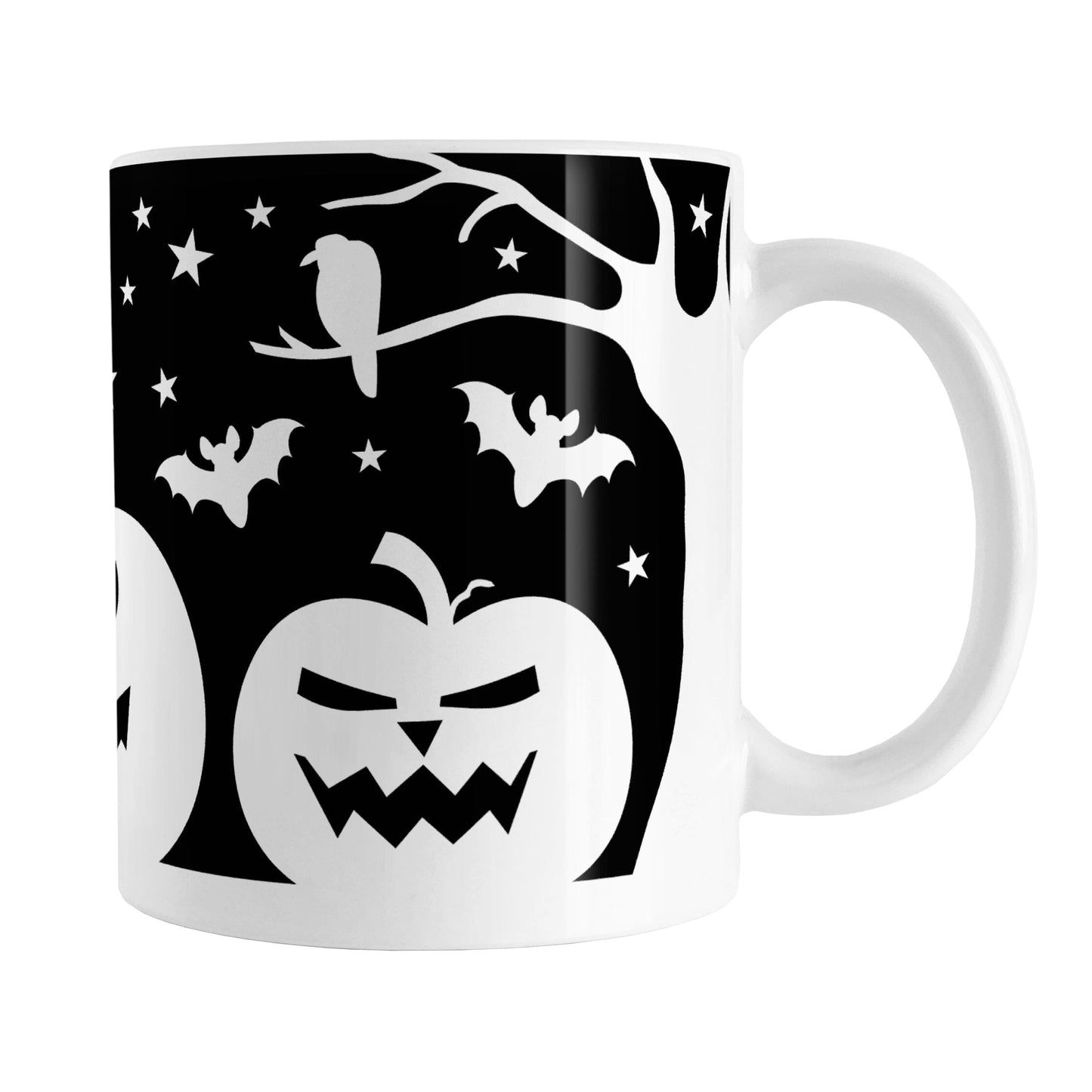 Black and White Halloween Mug (11oz) at Amy's Coffee Mugs. A ceramic coffee mug designed with white silhouette pumpkin jack o'lanterns, bats, stars and a raven in each leafless tree along each side of the design in a spooky scene over a black background that wraps around the mug up to the handle.