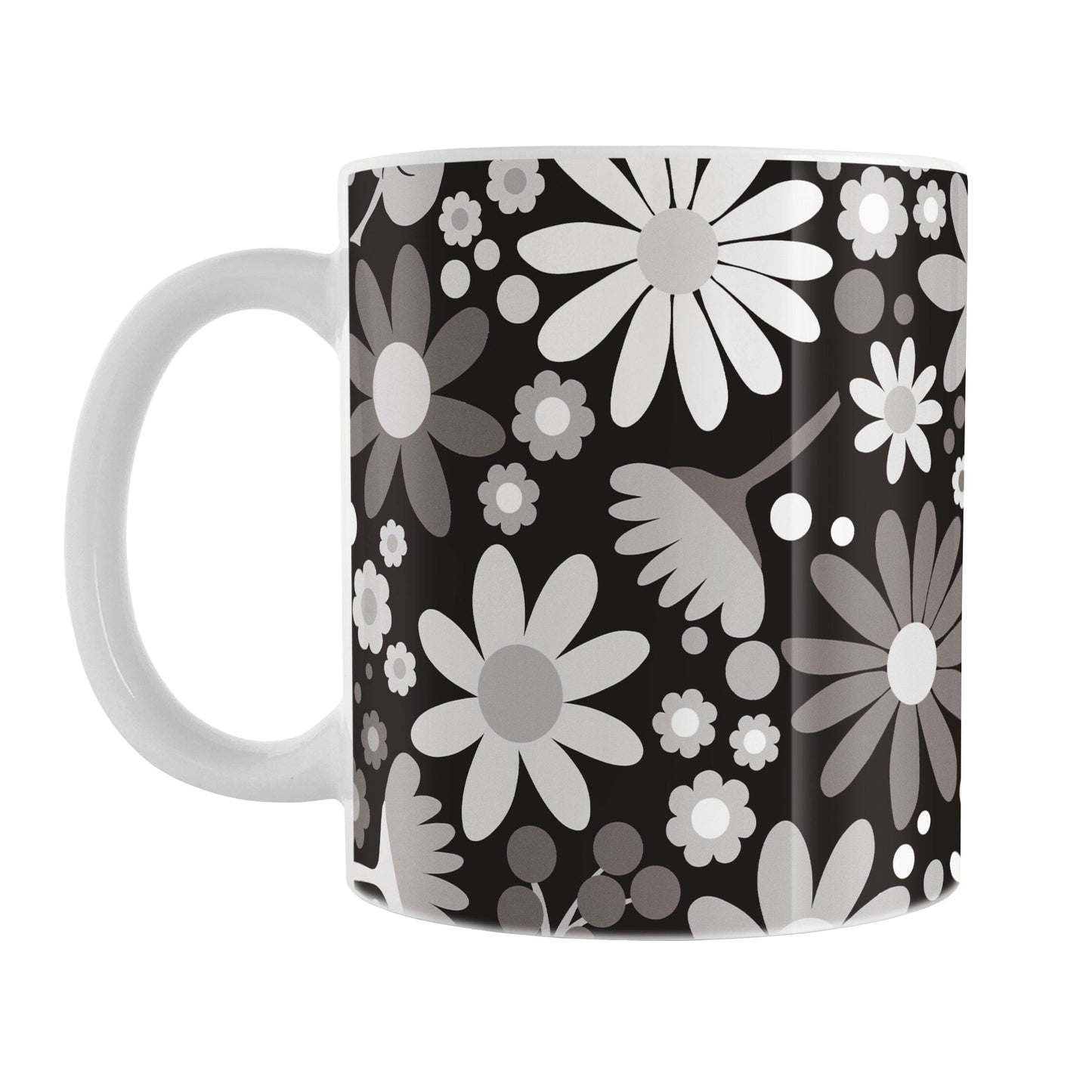 Mug with a floral pattern featuring white and gray flowers on a black background
