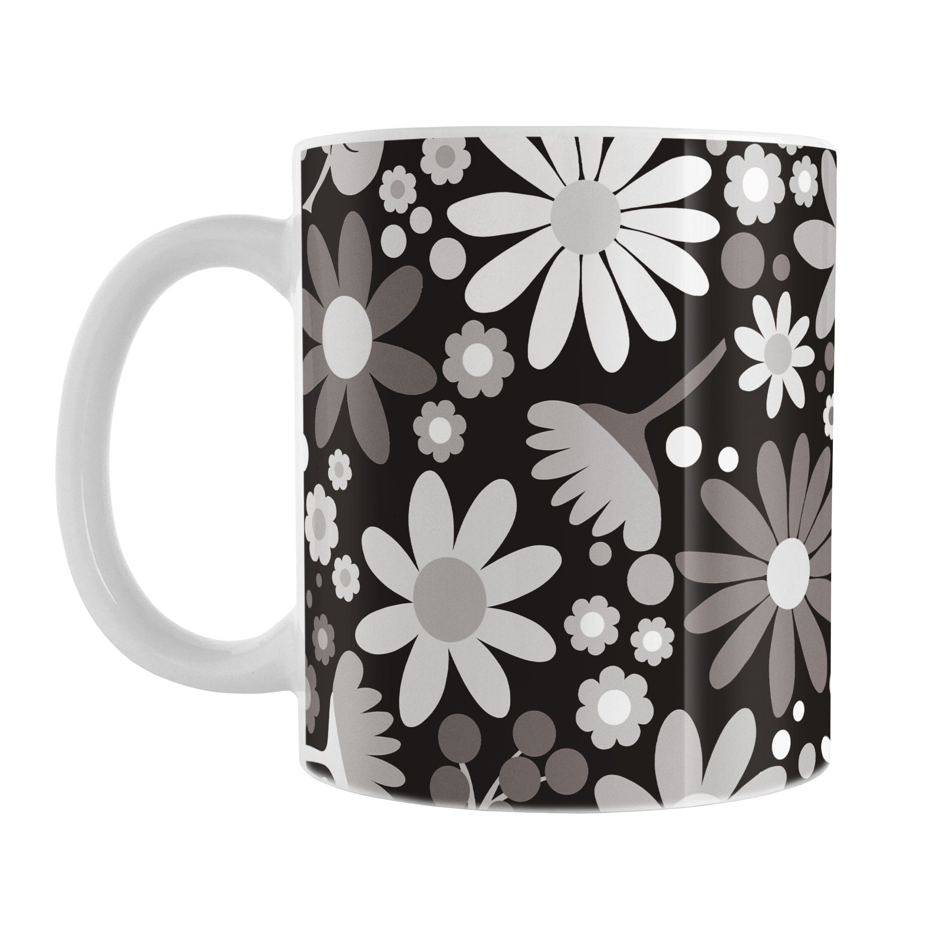 Mug with a floral pattern featuring white and gray flowers on a black background