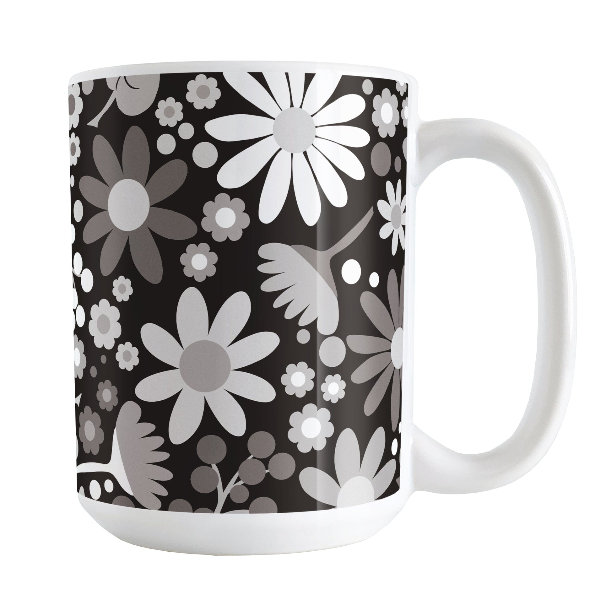 Mug with a floral pattern featuring white and gray flowers on a black background