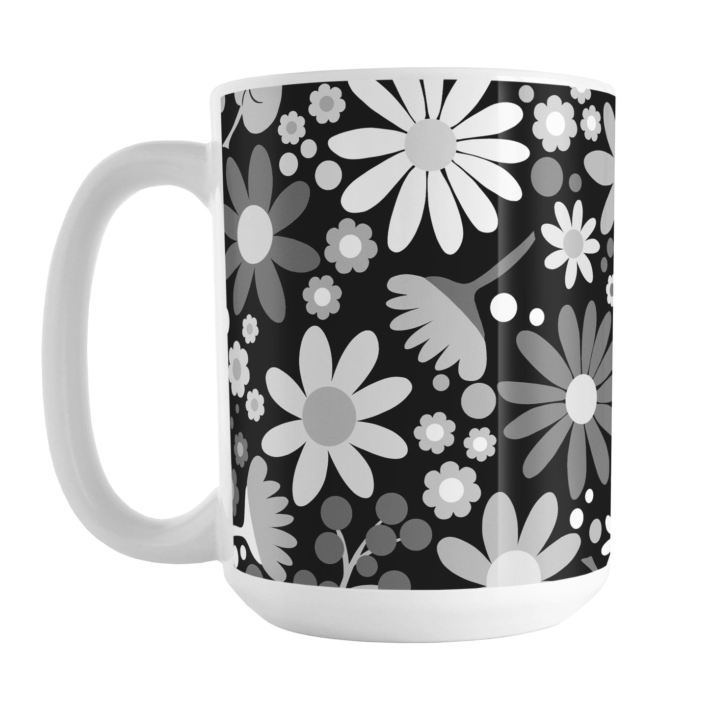 Mug with a floral pattern featuring white and gray flowers on a black background