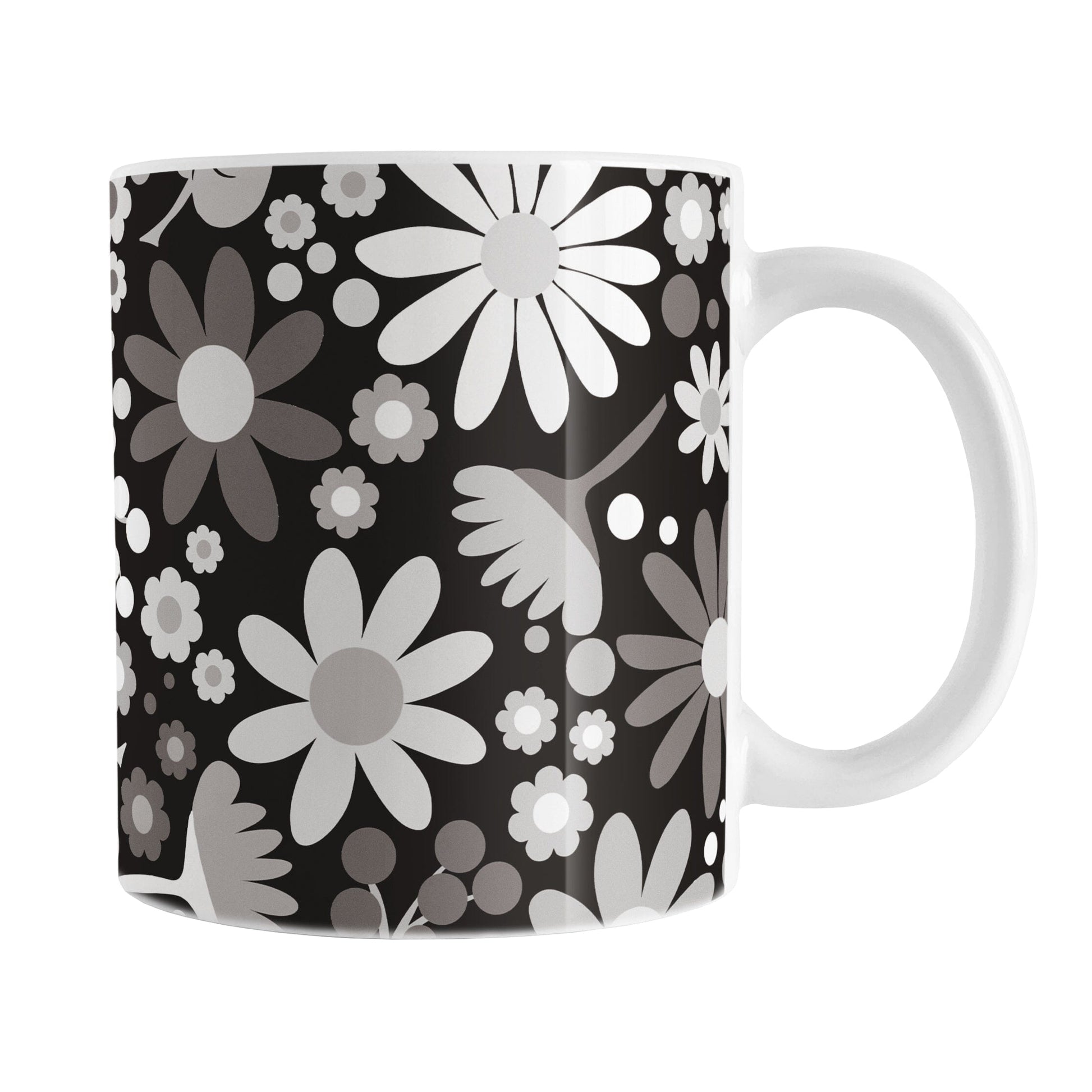 Mug with a floral pattern featuring white and gray flowers on a black background