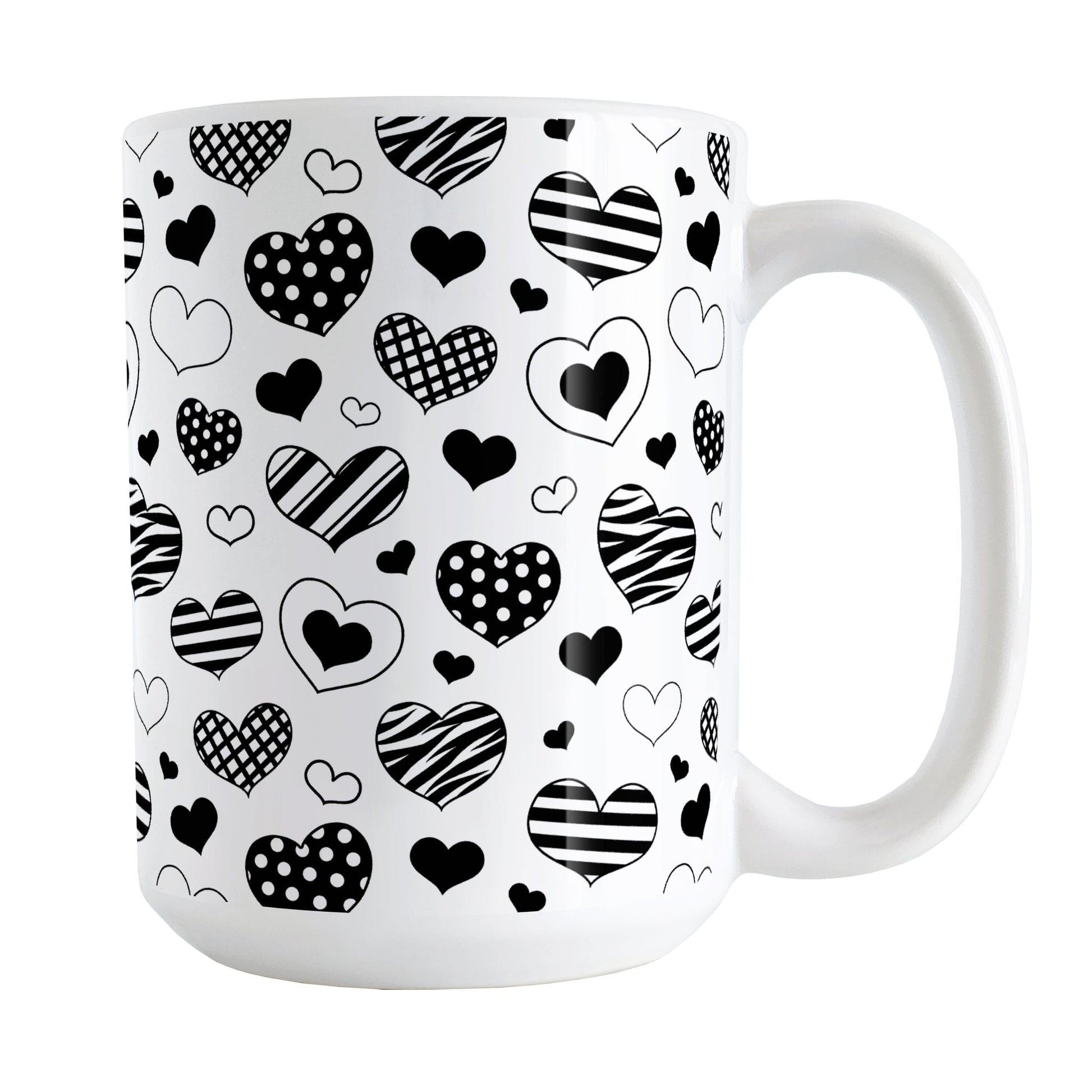 Black Heart Doodles Mug (15oz) at Amy's Coffee Mugs. A ceramic coffee mug designed with hand-drawn black heart doodles in a pattern that wraps around the mug up to the handle. This cute heart pattern is perfect for Valentine's Day or for anyone who loves hearts and young-at-heart drawings.