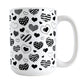 Black Heart Doodles Mug (15oz) at Amy's Coffee Mugs. A ceramic coffee mug designed with hand-drawn black heart doodles in a pattern that wraps around the cup. This cute heart pattern is perfect for Valentine's Day or for anyone who loves hearts and young-at-heart drawings. 
