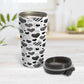 Black Heart Doodles Travel Mug (15oz) at Amy's Coffee Mugs. A stainless steel travel mug designed with hand-drawn black heart doodles in a pattern that wraps around the travel mug. This cute heart pattern is perfect for Valentine's Day or for anyone who loves hearts and young-at-heart drawings. Photo shows the travel mug open with the lid on the table beside it.