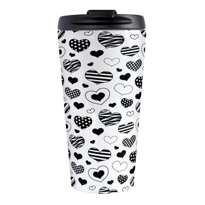 Black Heart Doodles Travel Mug (15oz) at Amy's Coffee Mugs. A stainless steel travel mug designed with hand-drawn black heart doodles in a pattern that wraps around the travel mug. This cute heart pattern is perfect for Valentine's Day or for anyone who loves hearts and young-at-heart drawings. 