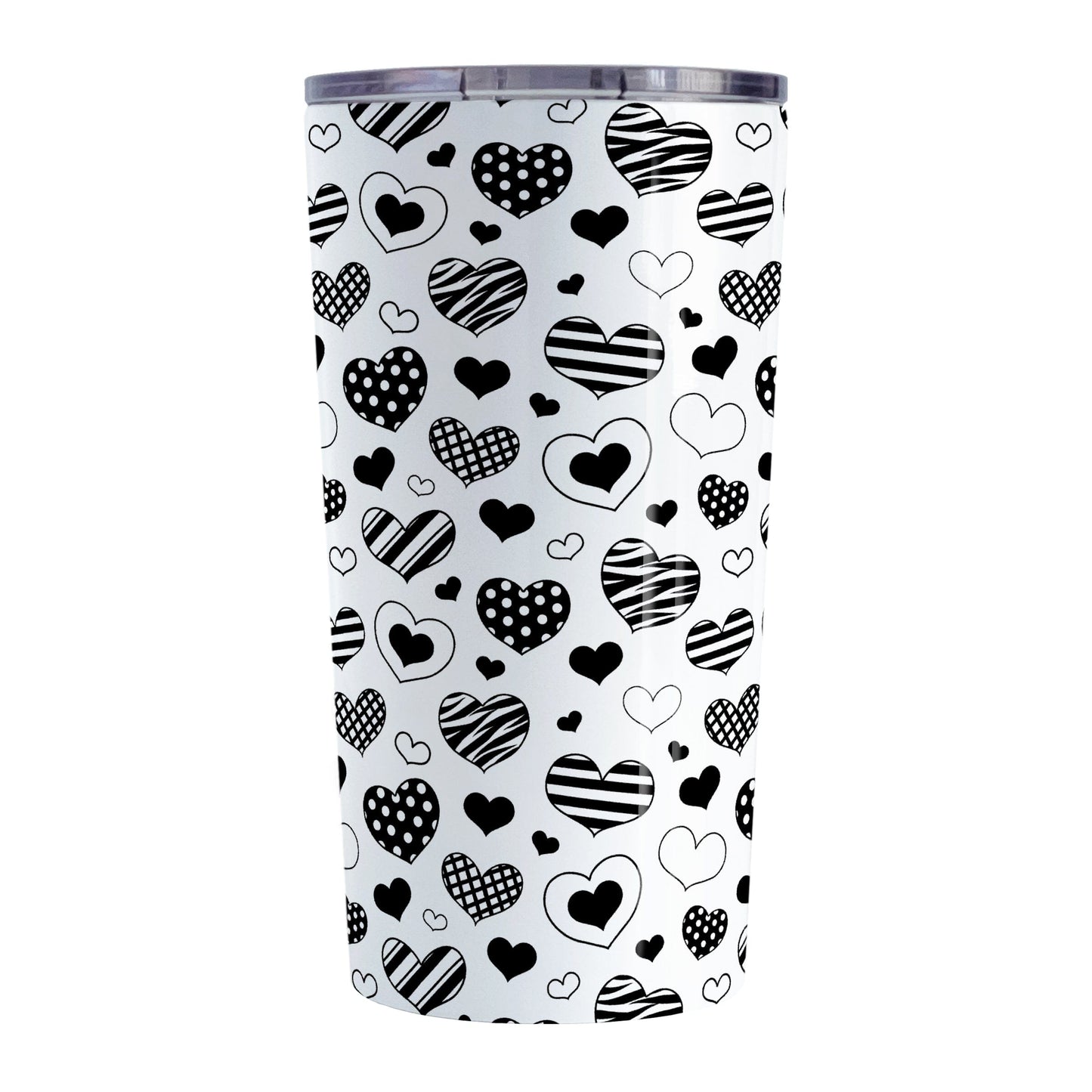 Black Heart Doodles Tumbler Cup (20oz) at Amy's Coffee Mugs. A stainless steel tumbler cup designed with hand-drawn black heart doodles in a pattern that wraps around the cup. This cute heart pattern is perfect for Valentine's Day or for anyone who loves hearts and young-at-heart drawings. 