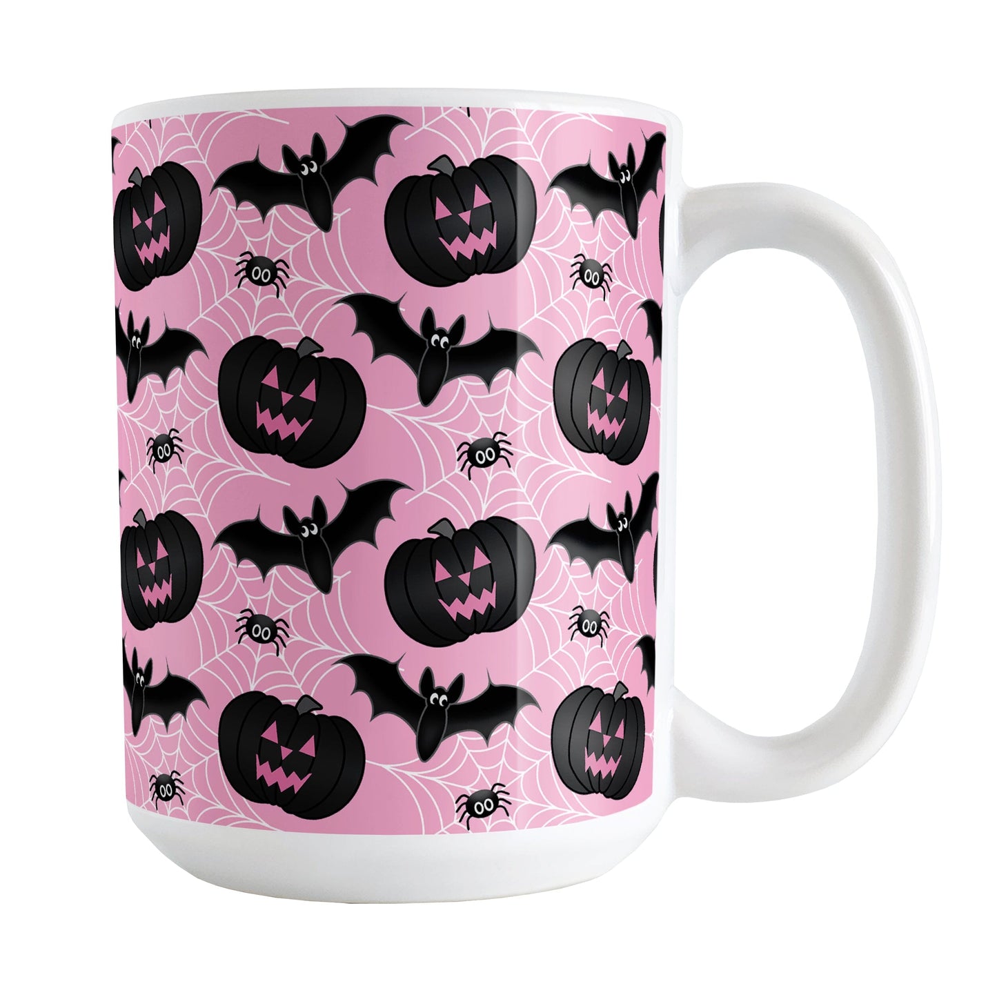 Black Pumpkins Bats and Spiders Pink Halloween Mug (15oz) at Amy's Coffee Mugs. A ceramic coffee mug designed with a pattern of black carved pumpkins, bats, and spiders in their webs in a pattern over a pink background color that wraps around the mug up to the handle.