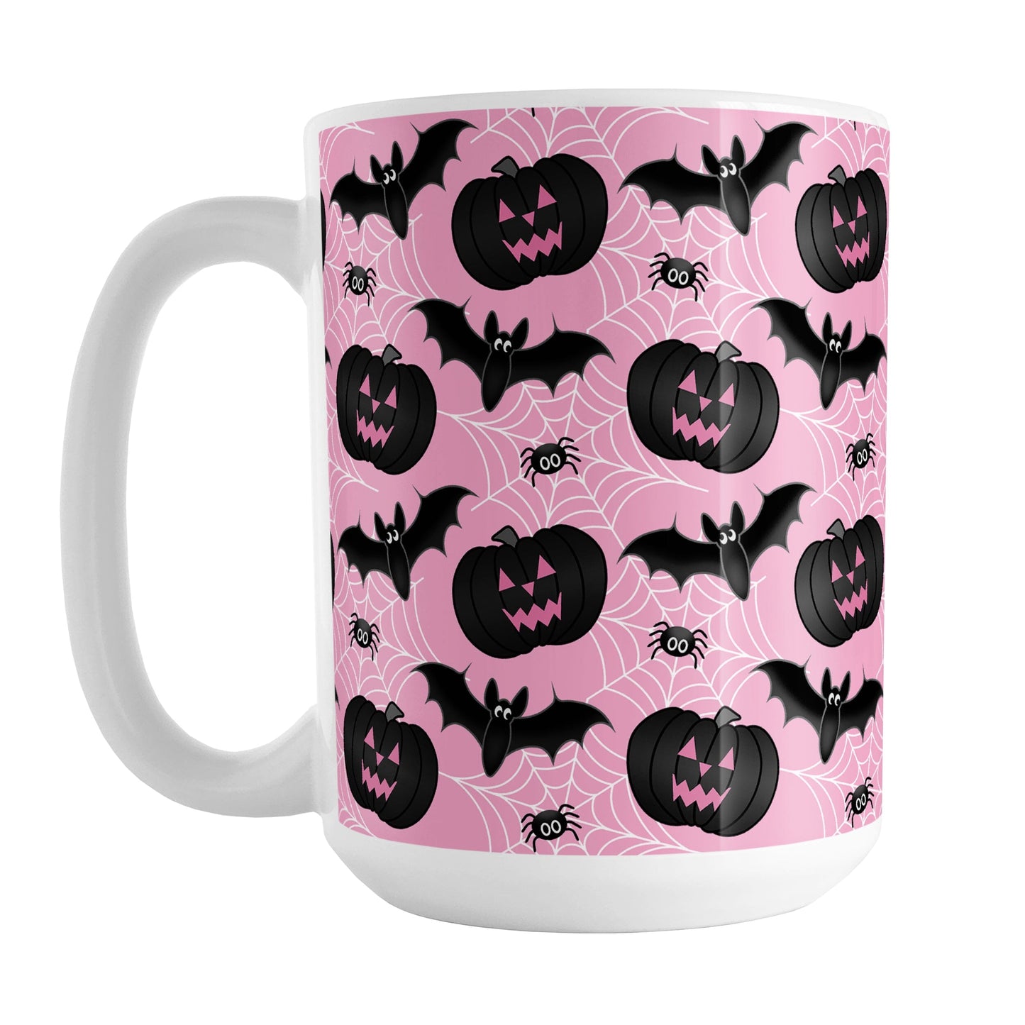 Black Pumpkins Bats and Spiders Pink Halloween Mug (15oz) at Amy's Coffee Mugs. A ceramic coffee mug designed with a pattern of black carved pumpkins, bats, and spiders in their webs in a pattern over a pink background color that wraps around the mug up to the handle.