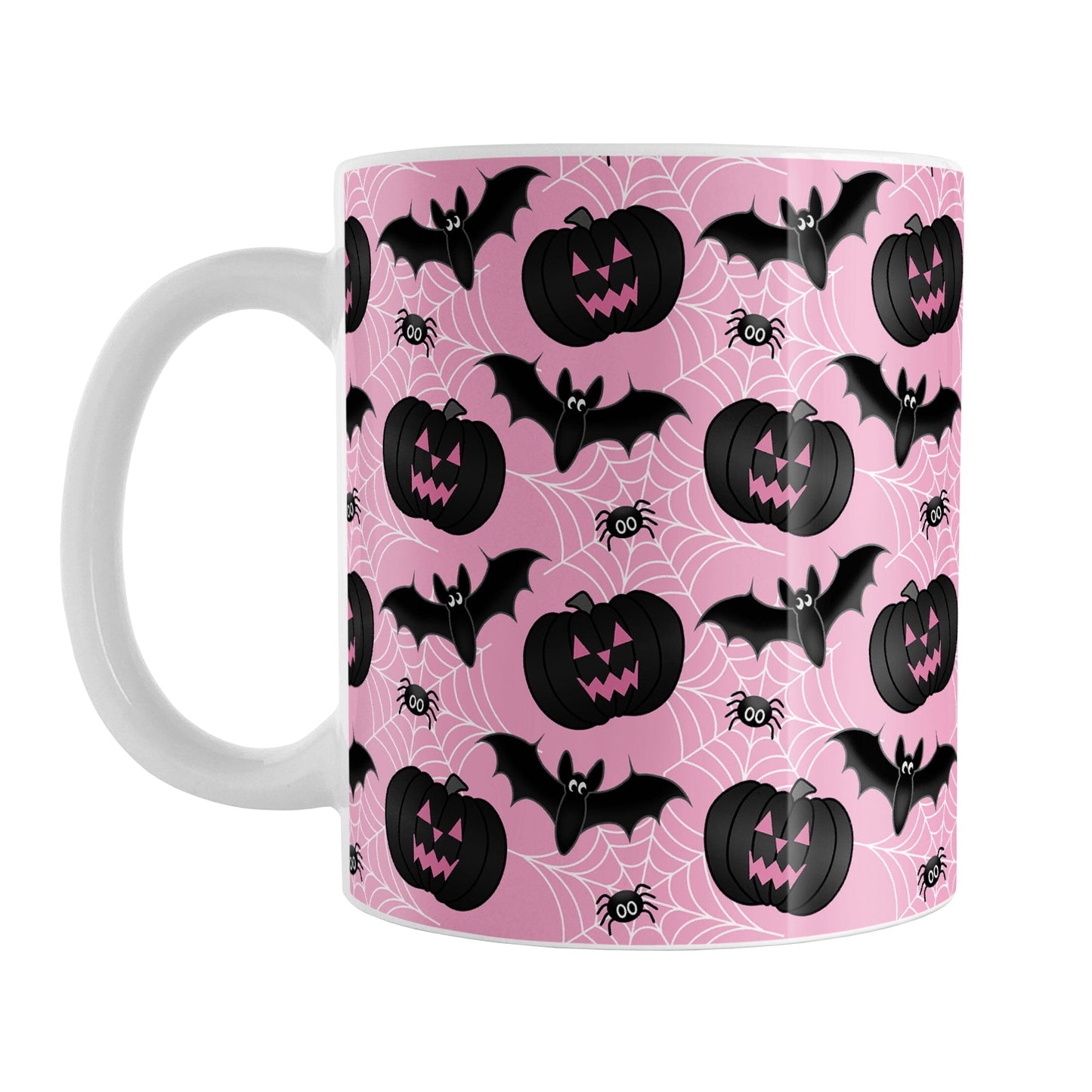 Black Pumpkins Bats and Spiders Pink Halloween Mug (11oz) at Amy's Coffee Mugs. A ceramic coffee mug designed with a pattern of black carved pumpkins, bats, and spiders in their webs in a pattern over a pink background color that wraps around the mug up to the handle.