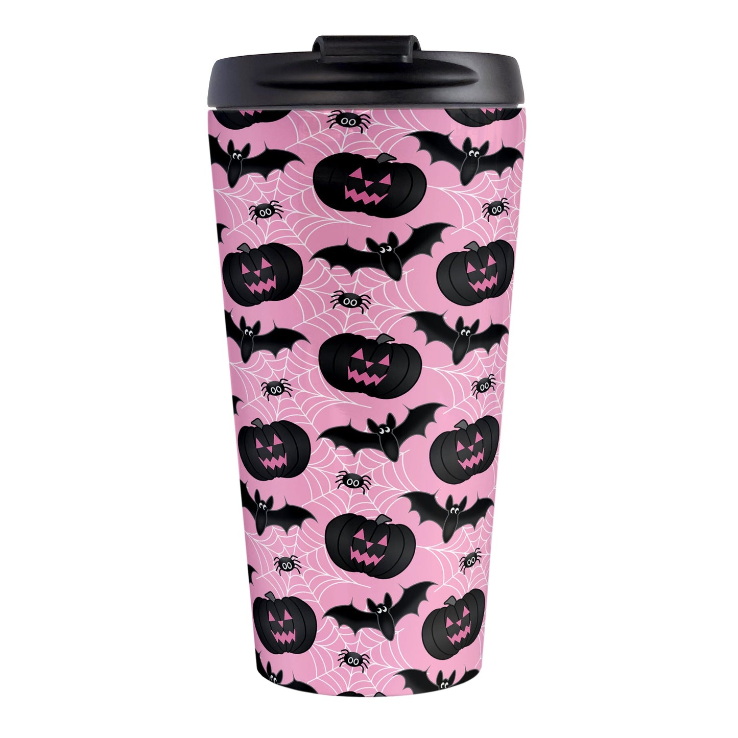 Black Pumpkins Bats and Spiders Pink Halloween Travel Mug (15oz) at Amy's Coffee Mugs. A travel mug designed with a pattern of black carved pumpkins, bats, and spiders in their webs in a pattern over a pink background color that wraps around the mug.