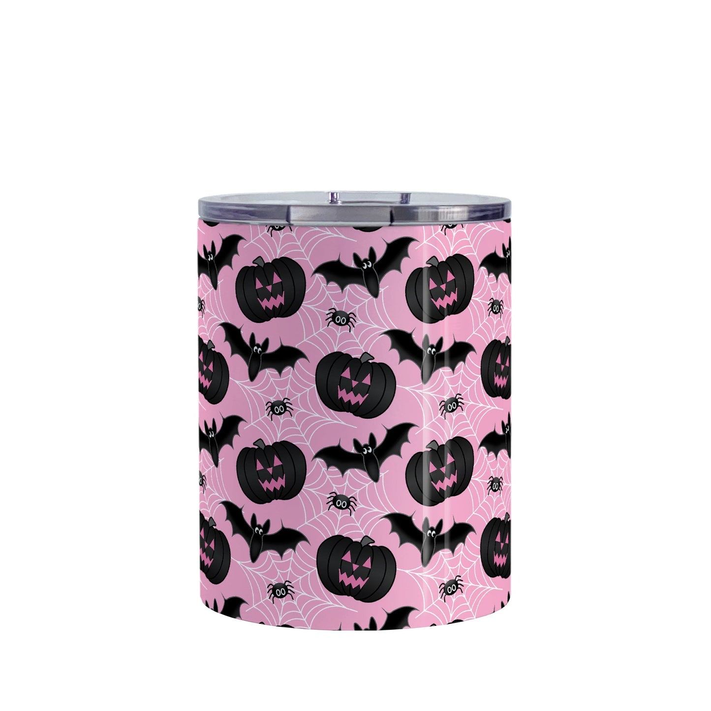 Black Pumpkins Bats and Spiders Pink Halloween Tumbler Cup (10oz) at Amy's Coffee Mugs. A tumbler cup designed with a pattern of black carved pumpkins, bats, and spiders in their webs in a pattern over a pink background color that wraps around the cup.