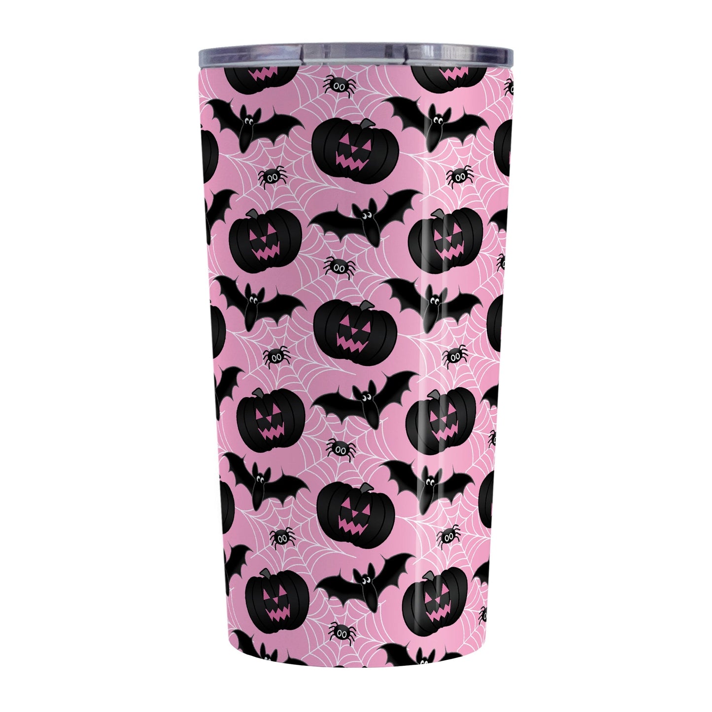 Black Pumpkins Bats and Spiders Pink Halloween Tumbler Cup (20oz) at Amy's Coffee Mugs. A tumbler cup designed with a pattern of black carved pumpkins, bats, and spiders in their webs in a pattern over a pink background color that wraps around the cup.