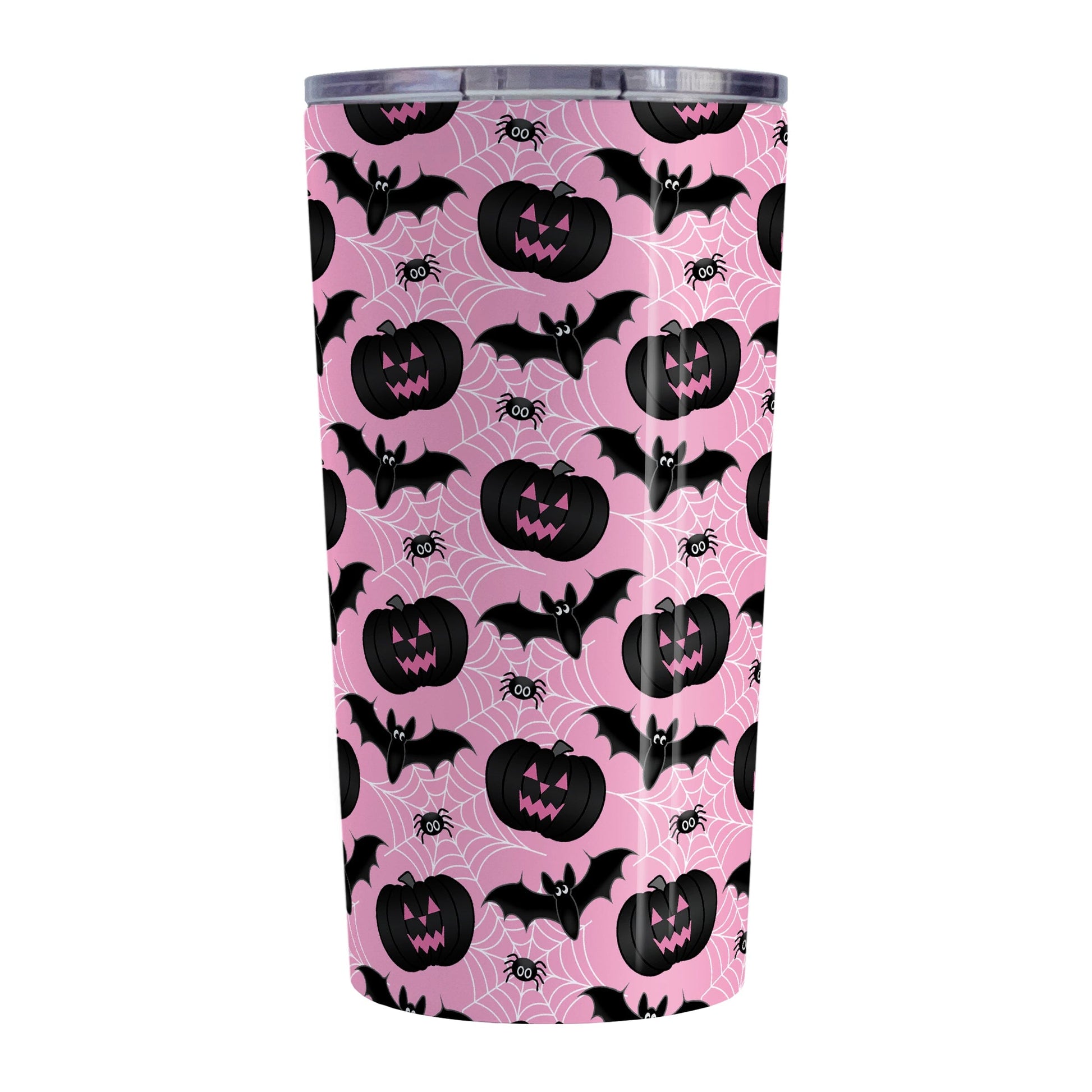 Black Pumpkins Bats and Spiders Pink Halloween Tumbler Cup (20oz) at Amy's Coffee Mugs. A tumbler cup designed with a pattern of black carved pumpkins, bats, and spiders in their webs in a pattern over a pink background color that wraps around the cup.