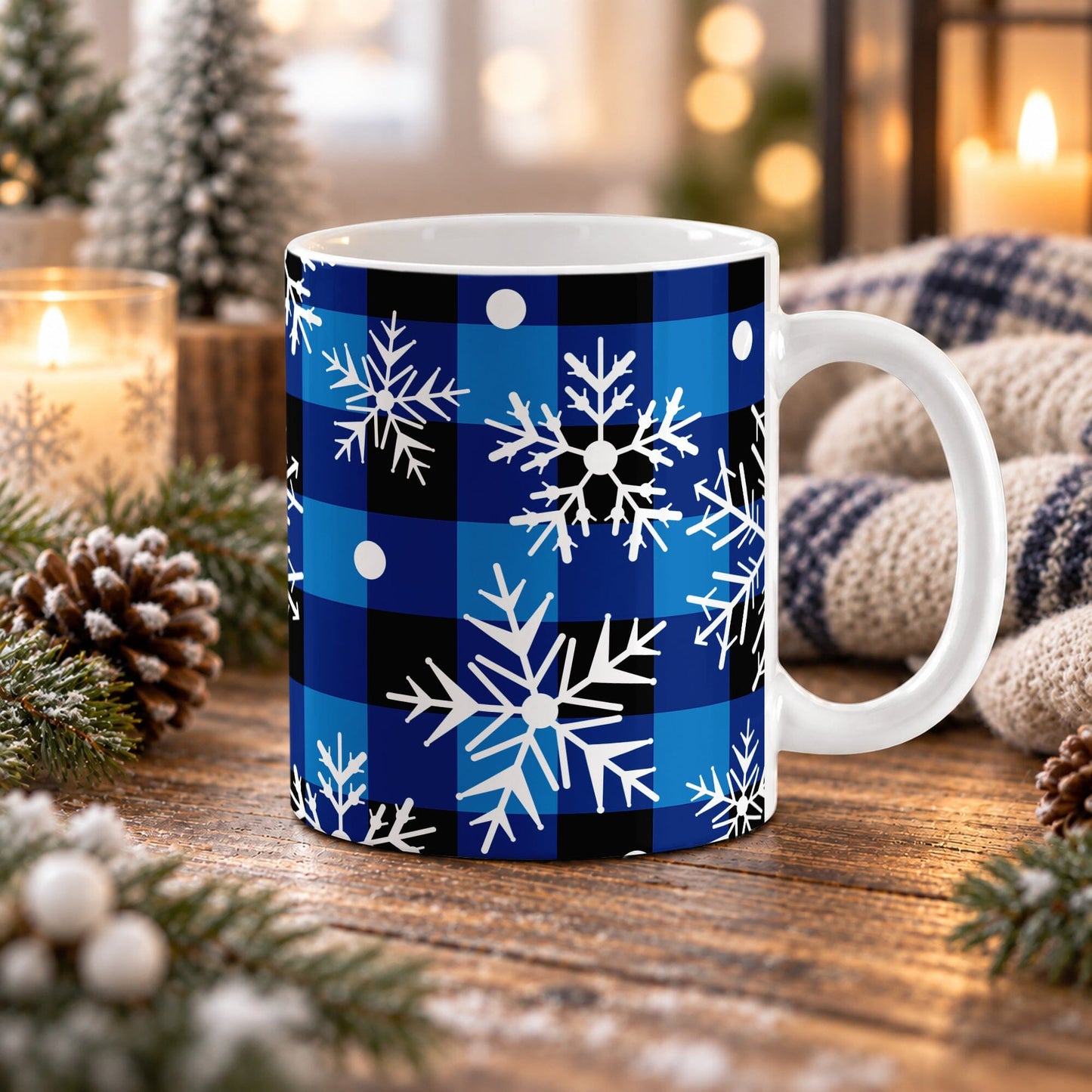 11 oz blue and black buffalo plaid snowflake mug with large white snowflakes and winter check pattern, on a wooden table with winter decor around it including pine cones, pine boughs, candles, and a cozy plaid blanket.