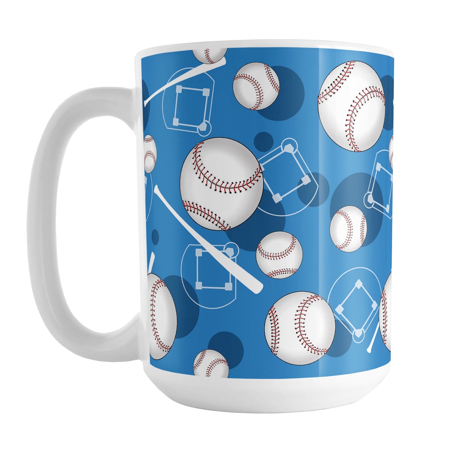 Blue Baseball Pattern Mug (15oz) at Amy's Coffee Mugs. A ceramic coffee mug designed with a pattern of baseballs, baseball diamonds, baseball bats, and dark blue circles over a blue background color that wraps around the mug up to the handle.