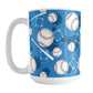 Blue Baseball Pattern Mug (15oz) at Amy's Coffee Mugs. A ceramic coffee mug designed with a pattern of baseballs, baseball diamonds, baseball bats, and dark blue circles over a blue background color that wraps around the mug up to the handle.